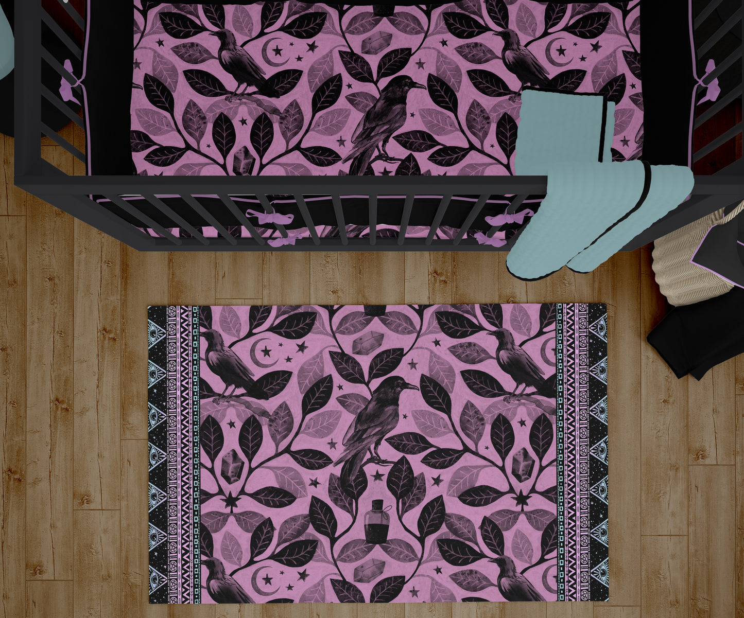Watercolor Raven Fitted Crib Sheet - Pink - Red Finch Creations