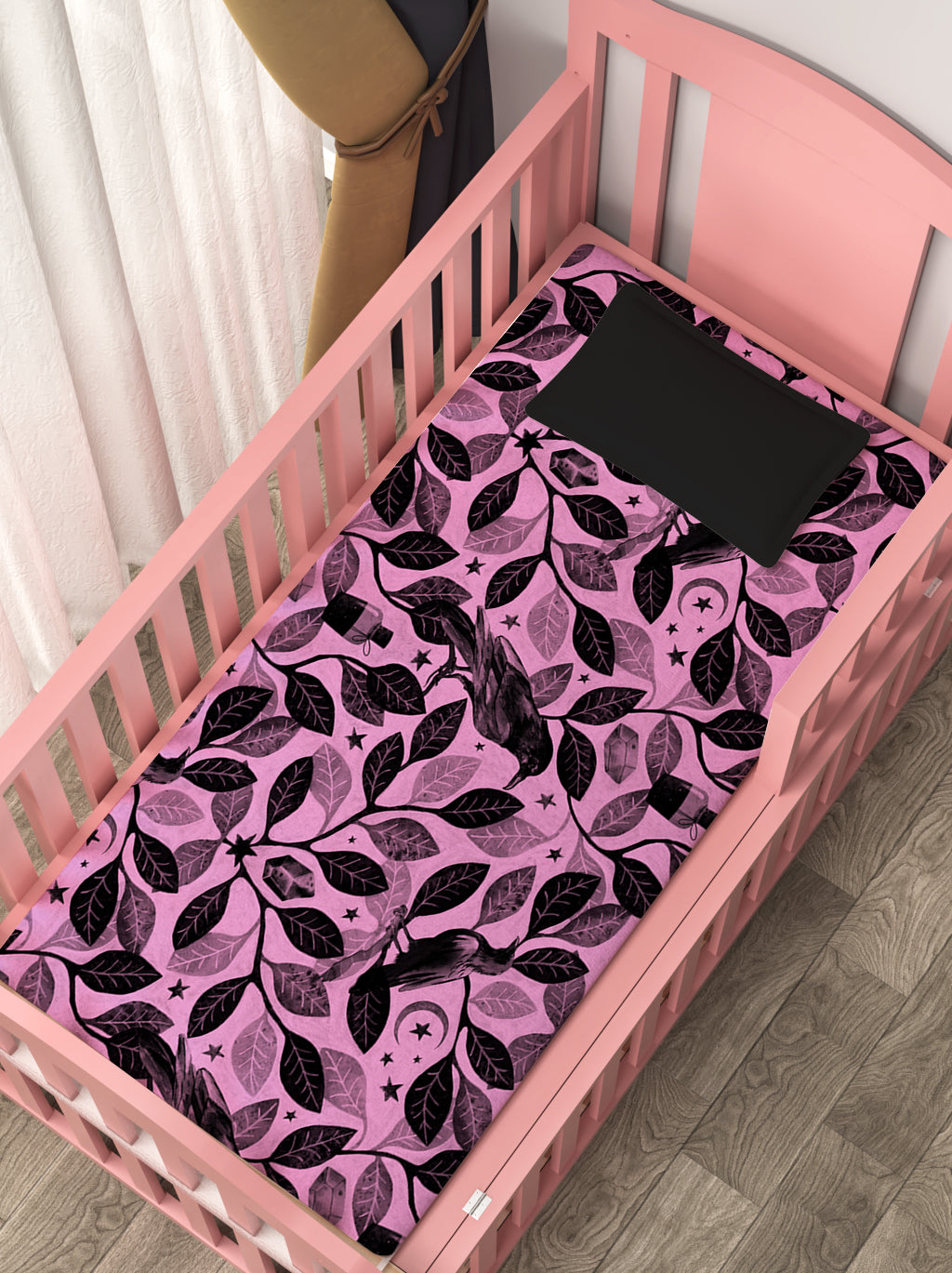 Watercolor Raven Fitted Crib Sheet - Pink - Red Finch Creations