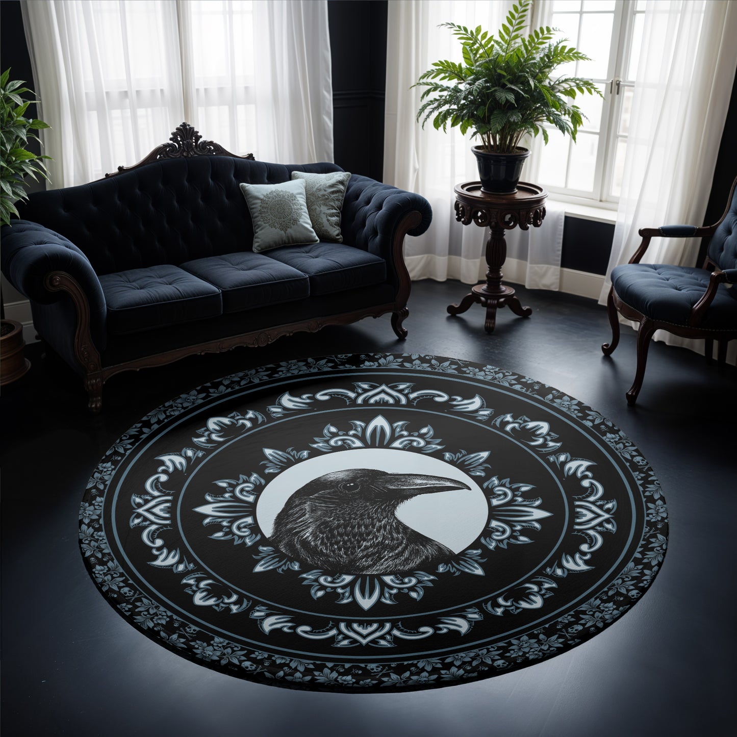 round_gothic_raven_rug_in_blue_and_black_in_a_baroque_victorian_living_room
