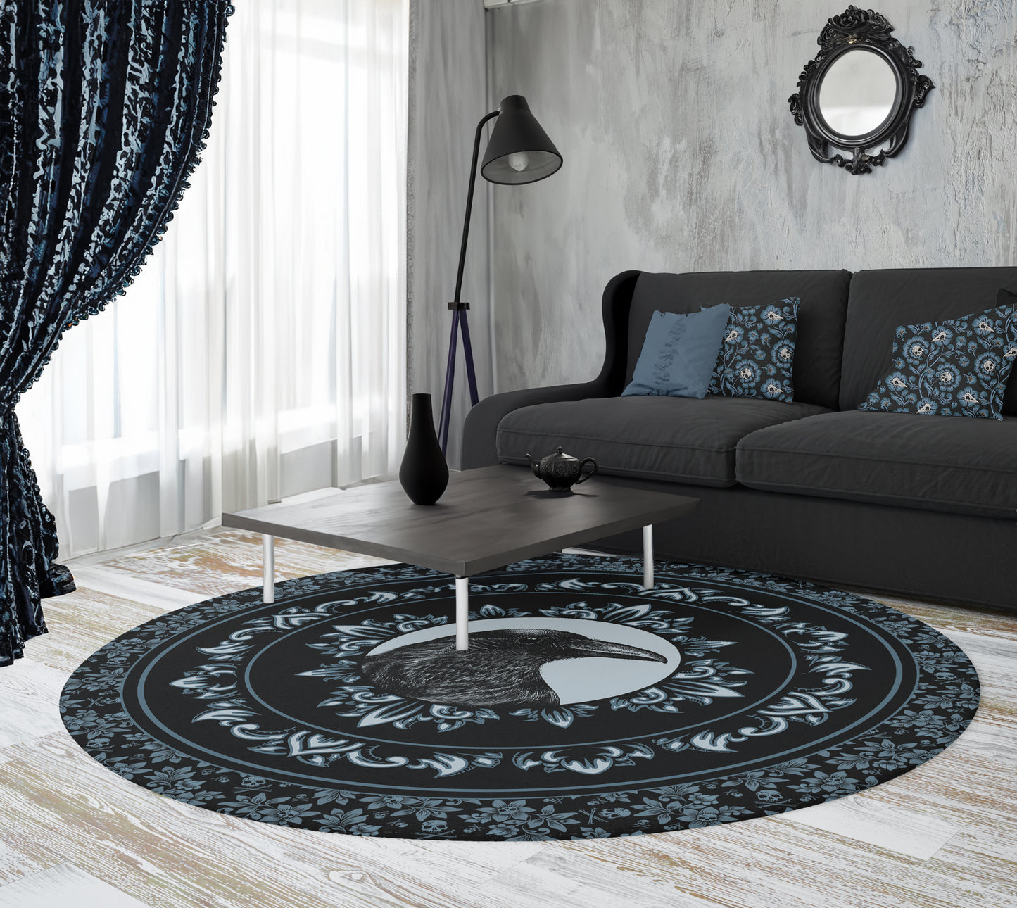Circular Gothic Raven Rug - Blue - Red Finch Creations