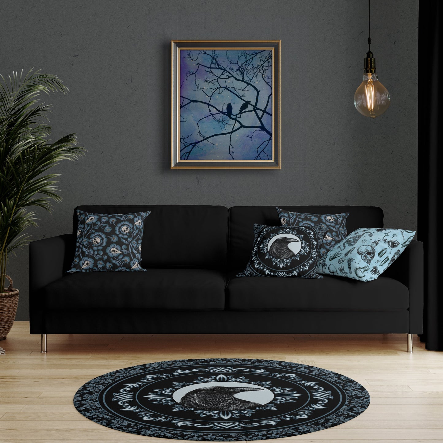 Circular Gothic Raven Rug - Blue - Red Finch Creations
