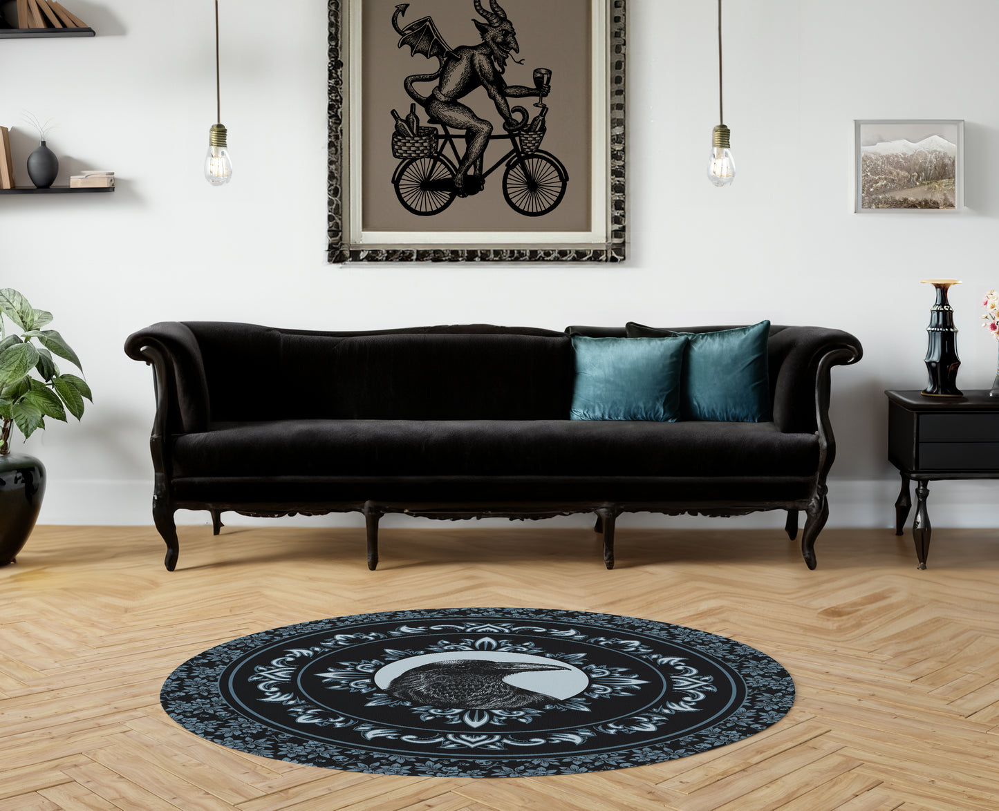 Circular Gothic Raven Rug - Blue - Red Finch Creations