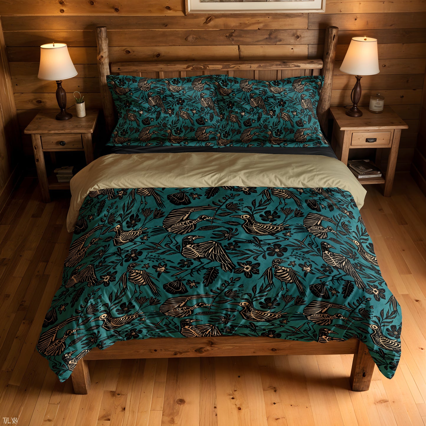 Spooky Folk Art Bird Skeleton Duvet Cover - Teal - Red Finch Creations