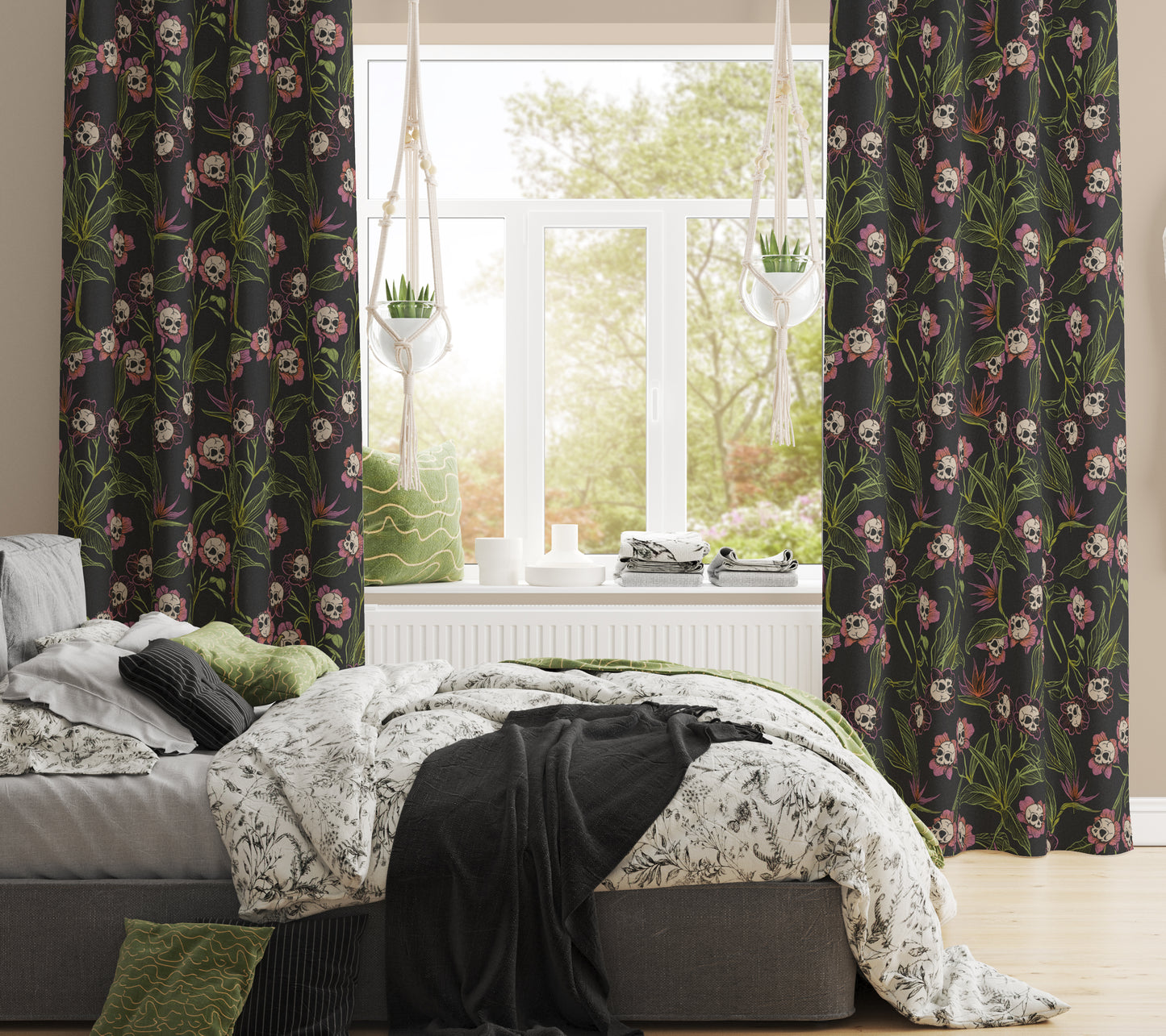 colorful gothic floral skull flower window curtain in moody boho bedroom