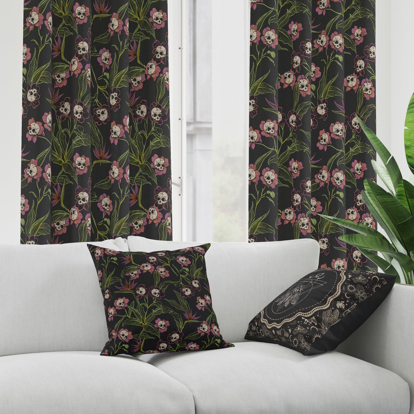 colorful gothic floral skull flower window curtain in a minimal living room