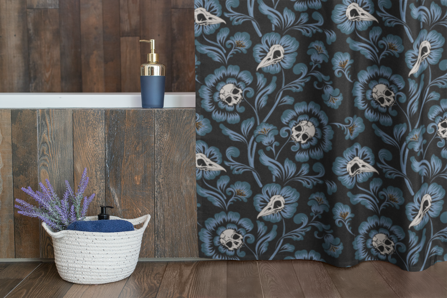 Gothic Victorian Floral Skull Shower Curtain - Blue - Red Finch Creations