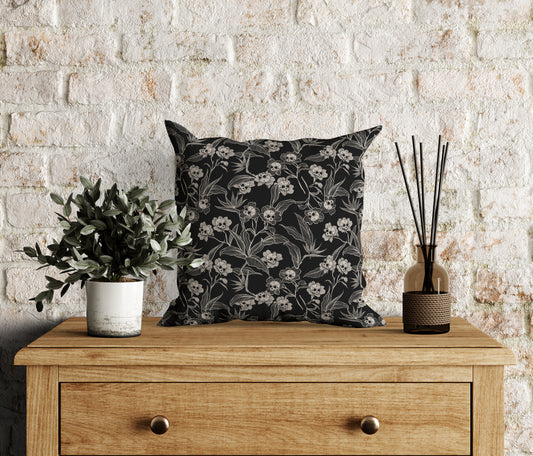 Gothic Floral Skull Flower Throw Pillow Cover