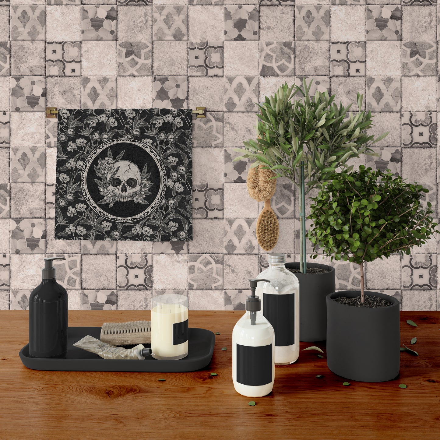 Gothic Floral Skull Flower Hand Towel 11x18"