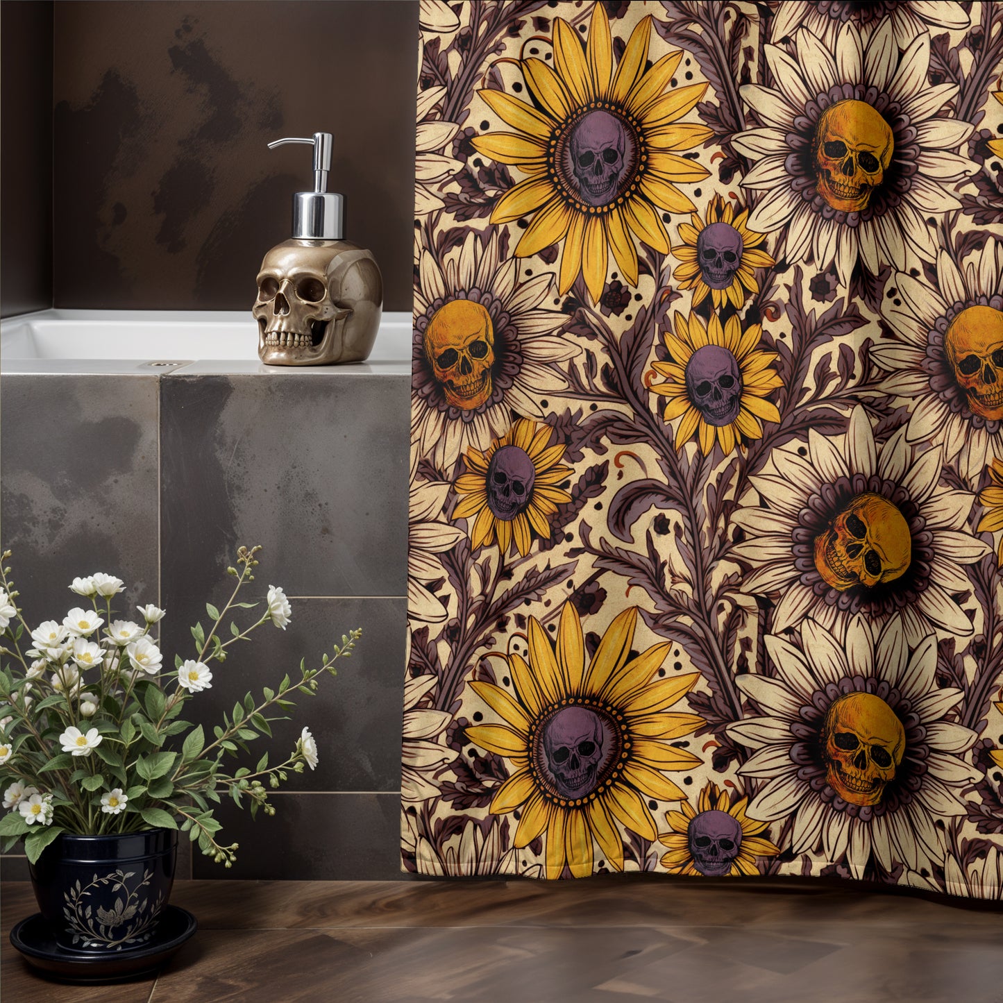Fall Sunflower Skull Shower Curtain - Red Finch Creations