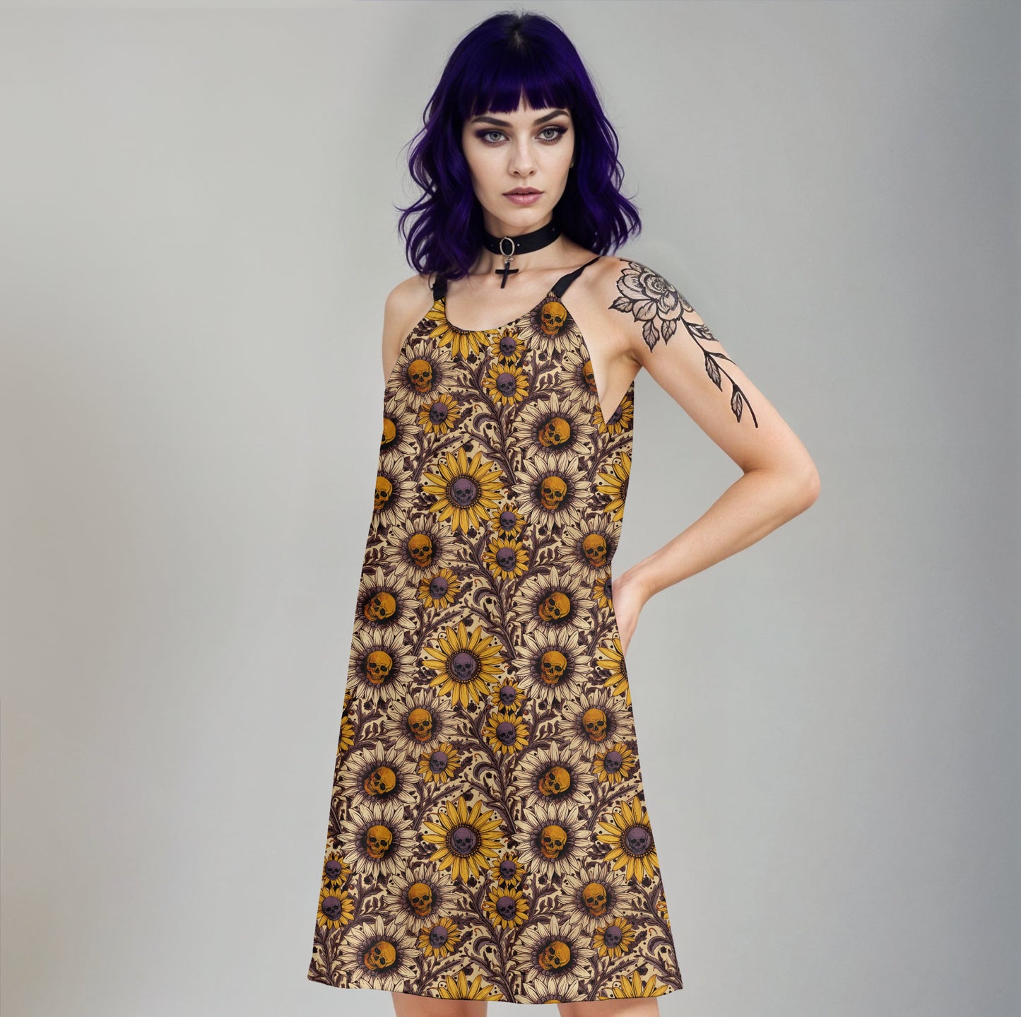 spooky sunflower skull cotton cami summer dress in eggplant and gold tones on a gothic woman with purple hair and tattoos