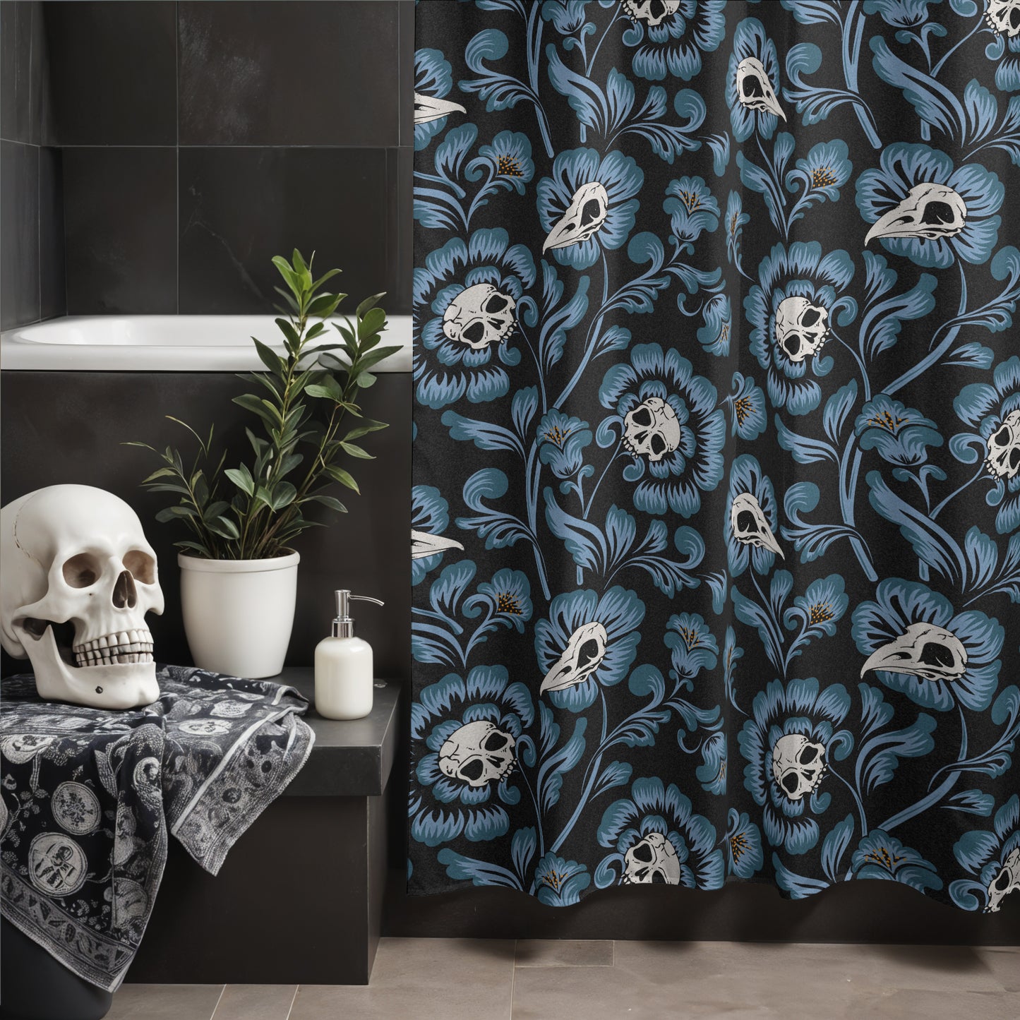 Gothic Victorian Floral Skull Shower Curtain - Blue - Red Finch Creations