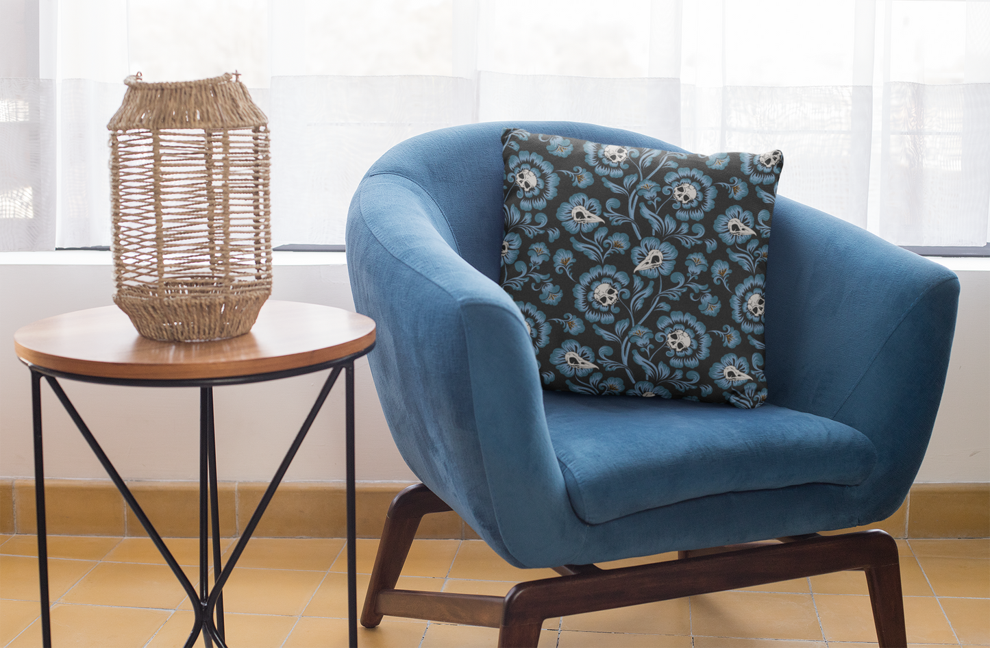 Victorian Skull Flower Faux Suede Throw Pillow - Blue - Red Finch Creations