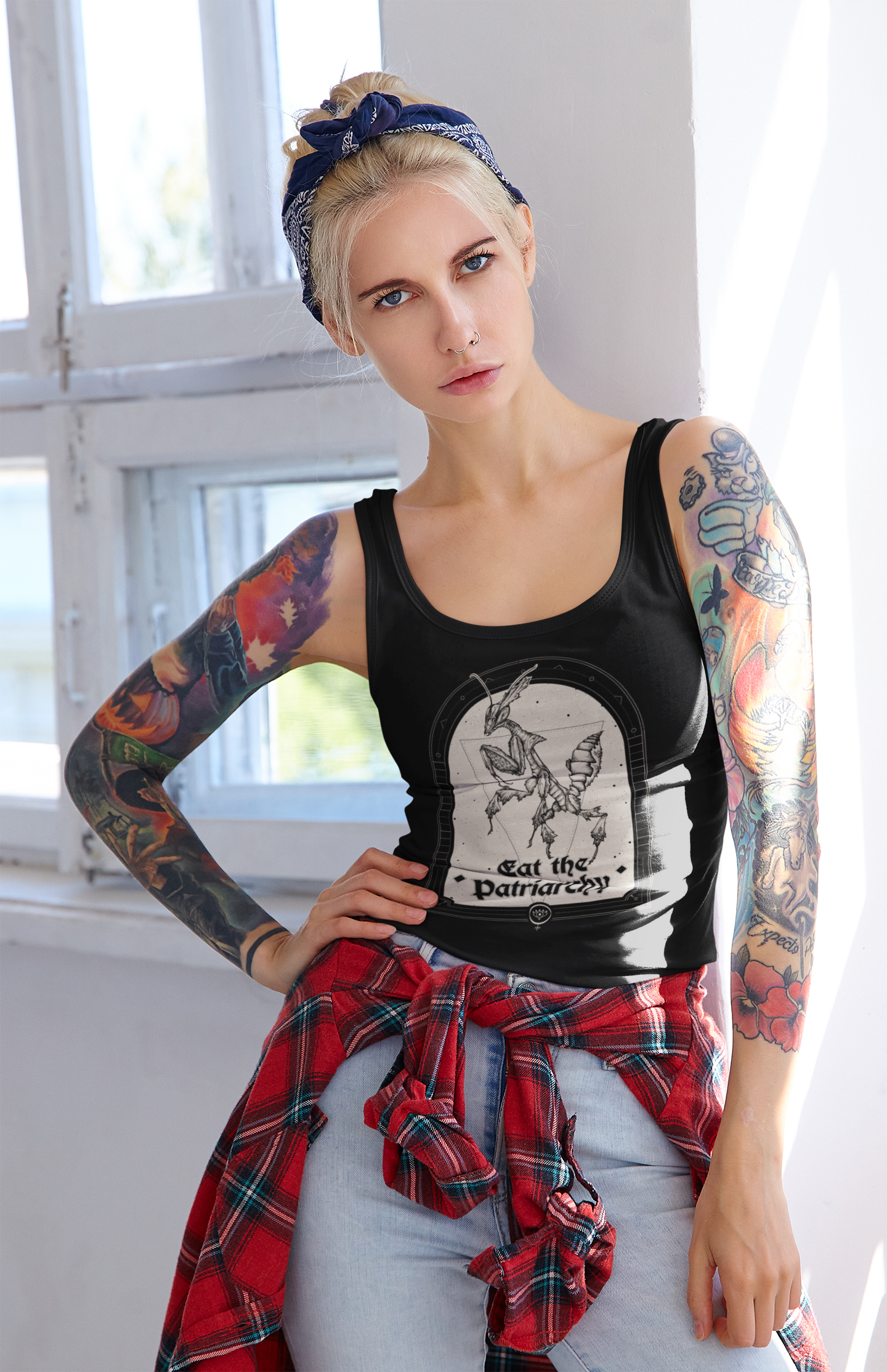 Eat the Patriarchy Witchy Feminist Praying Mantis Tanktop - Black - Red Finch Creations