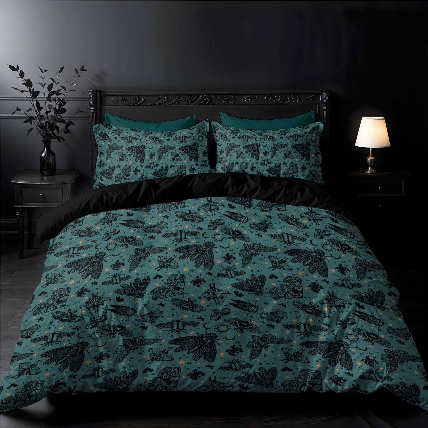 Teal and black witchy cicada moth patterned bedding set on a baroque bed in a dimly lit gothic room.