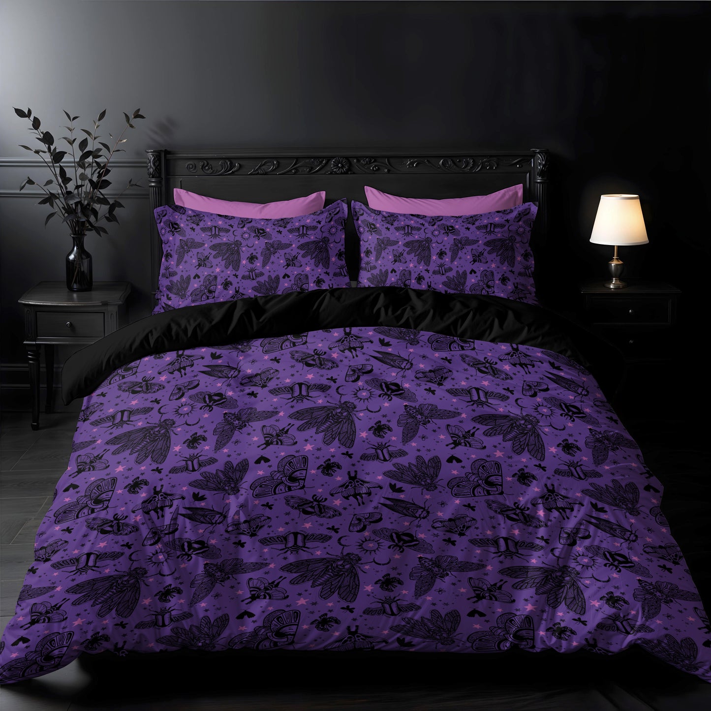 Cicada Moth Three Piece Bedding Set - Purple