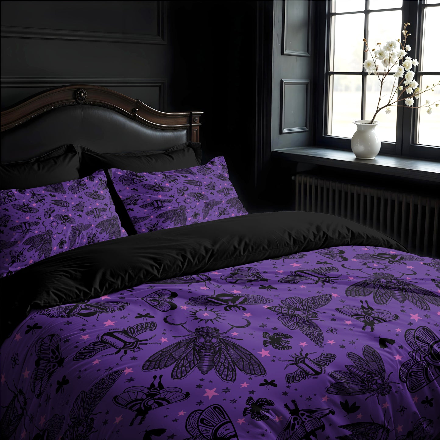 Cicada Moth Three Piece Bedding Set - Purple