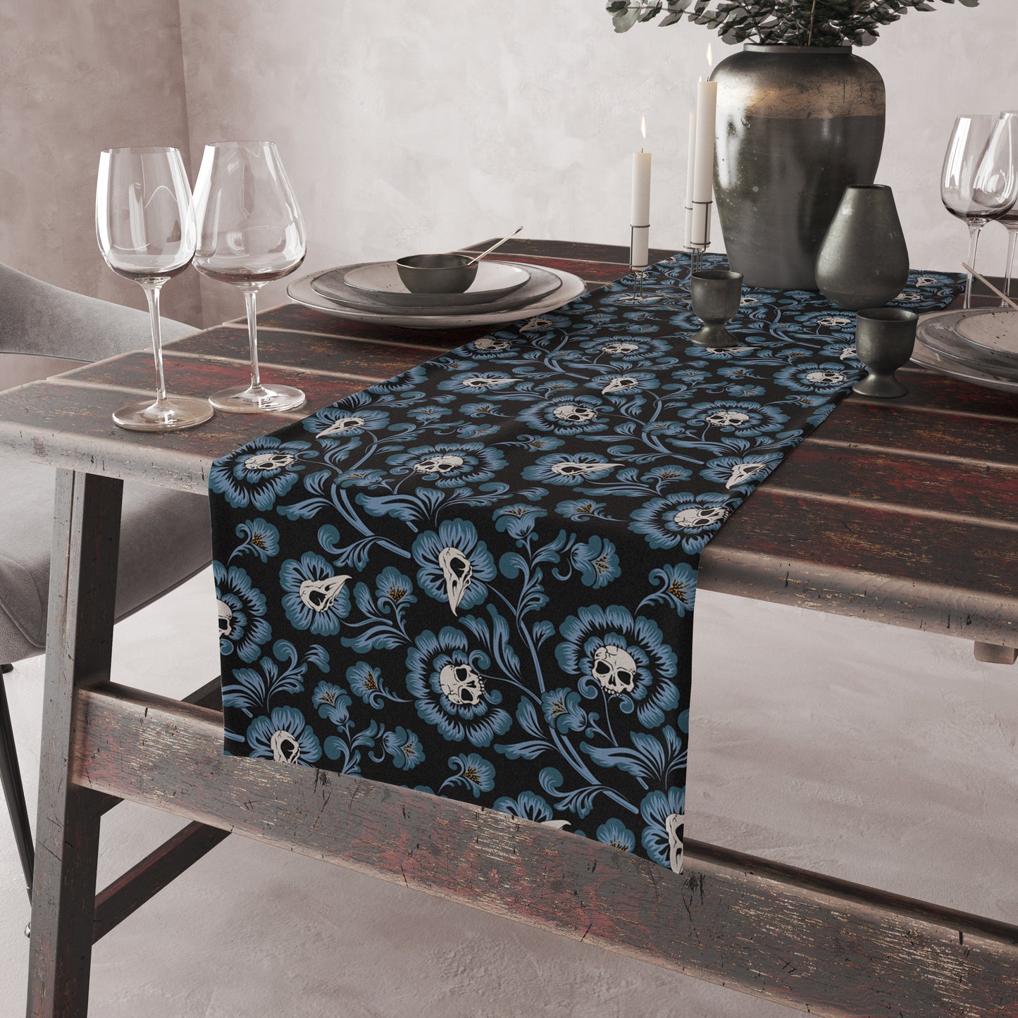 Victorian Skull Flower Table Runner - Blue - Red Finch Creations