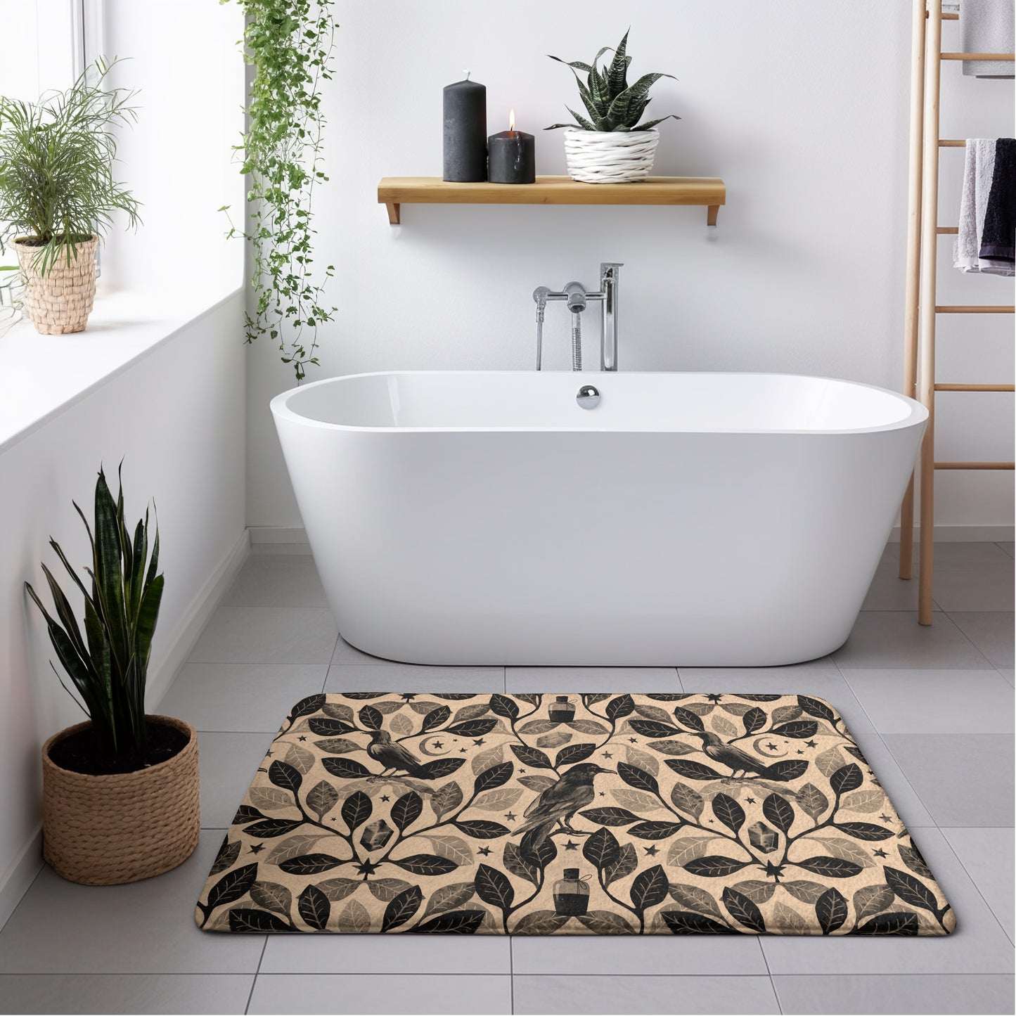 Witchy Watercolor Raven Bath Mat - Beige - Red Finch Creations