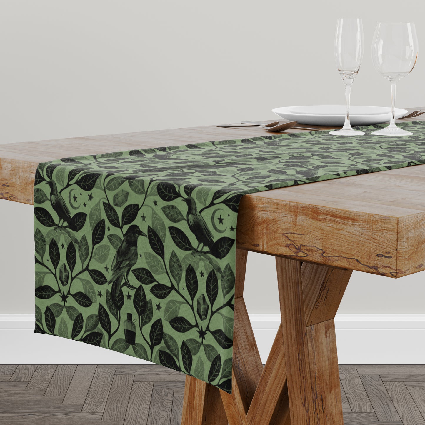 Witchy Watercolor Raven Table Runner - Green - Red Finch Creations