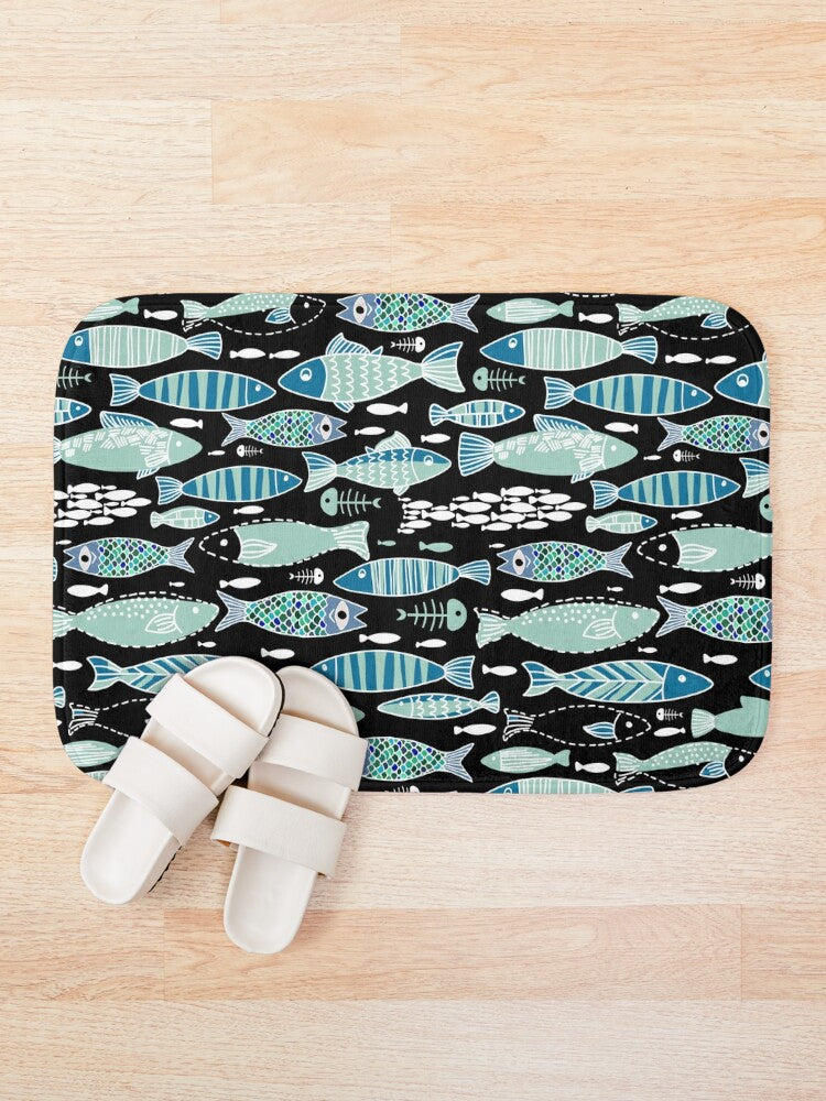 Mediterranean Sardine Skeleton Bath Mat - Black & Teal - Red Finch Creations