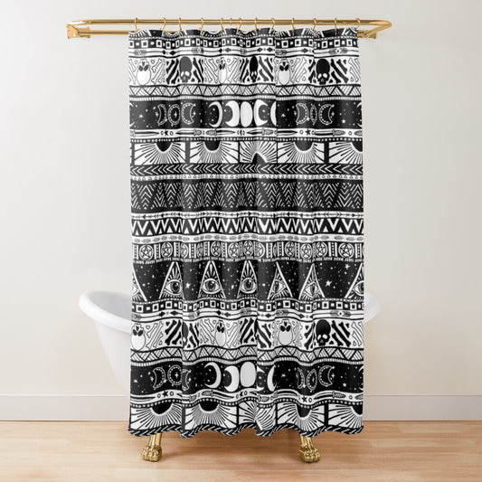 Boho Tribal Witch Shower Curtain - Black + White