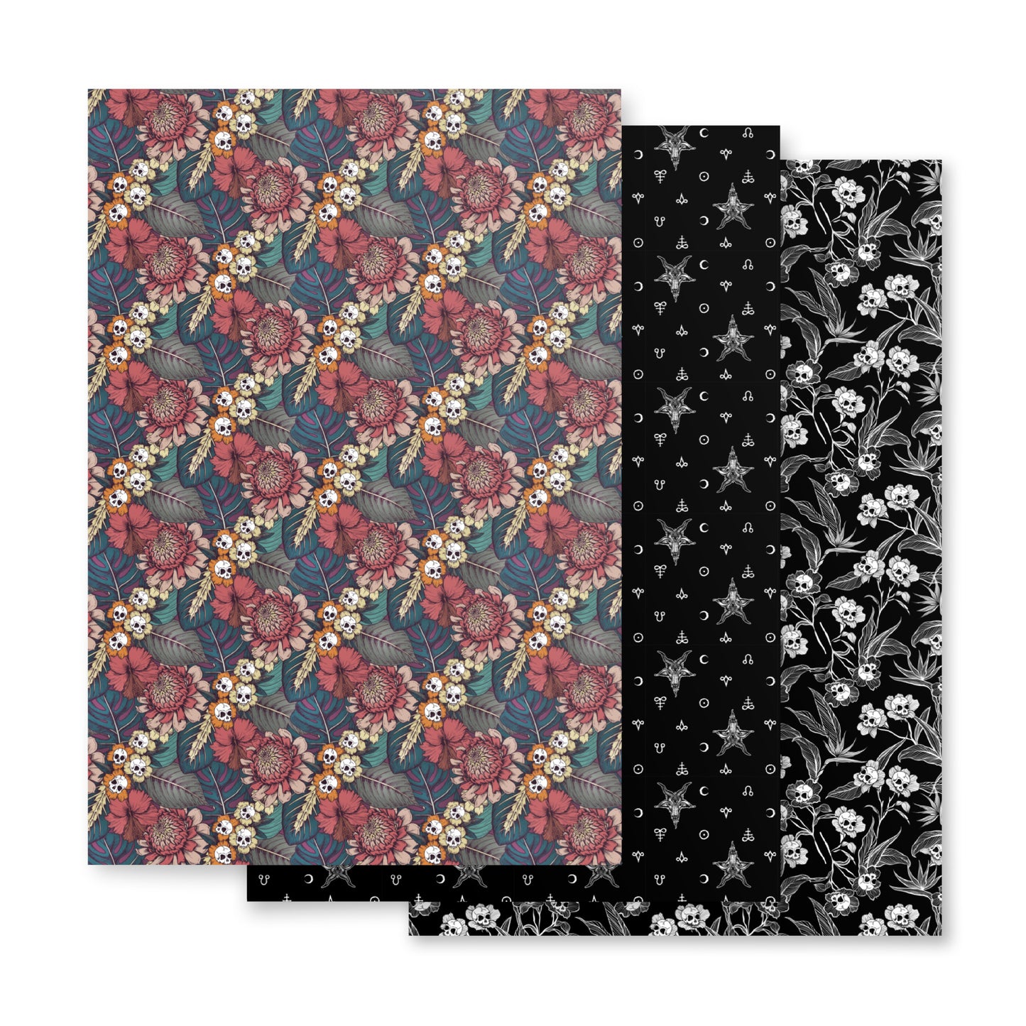 Two patterned paper sheets with floral and skull designs on a white background.
