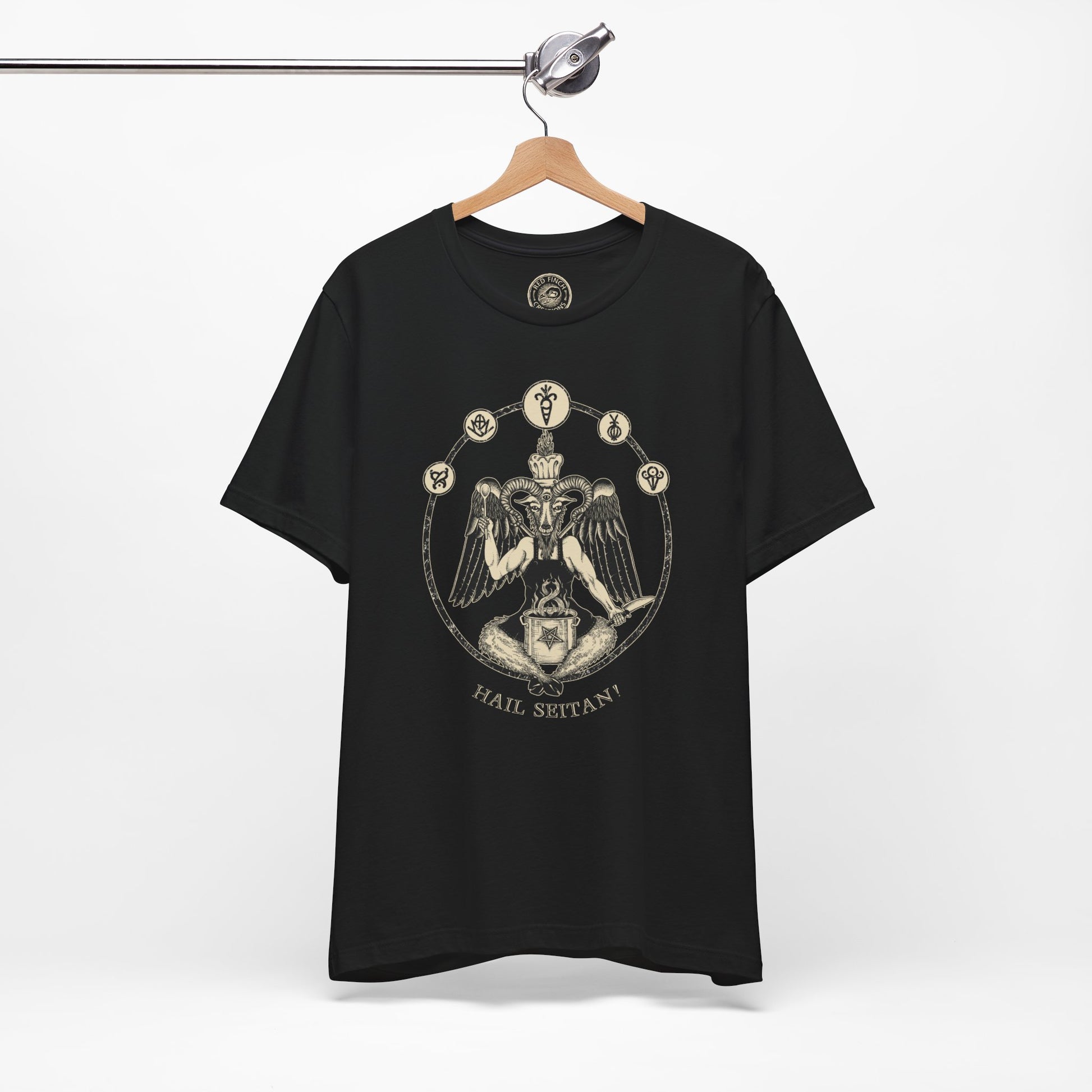 Hail Seitan Vegan Chef Baphomet Tshirt - Black - Red Finch Creations