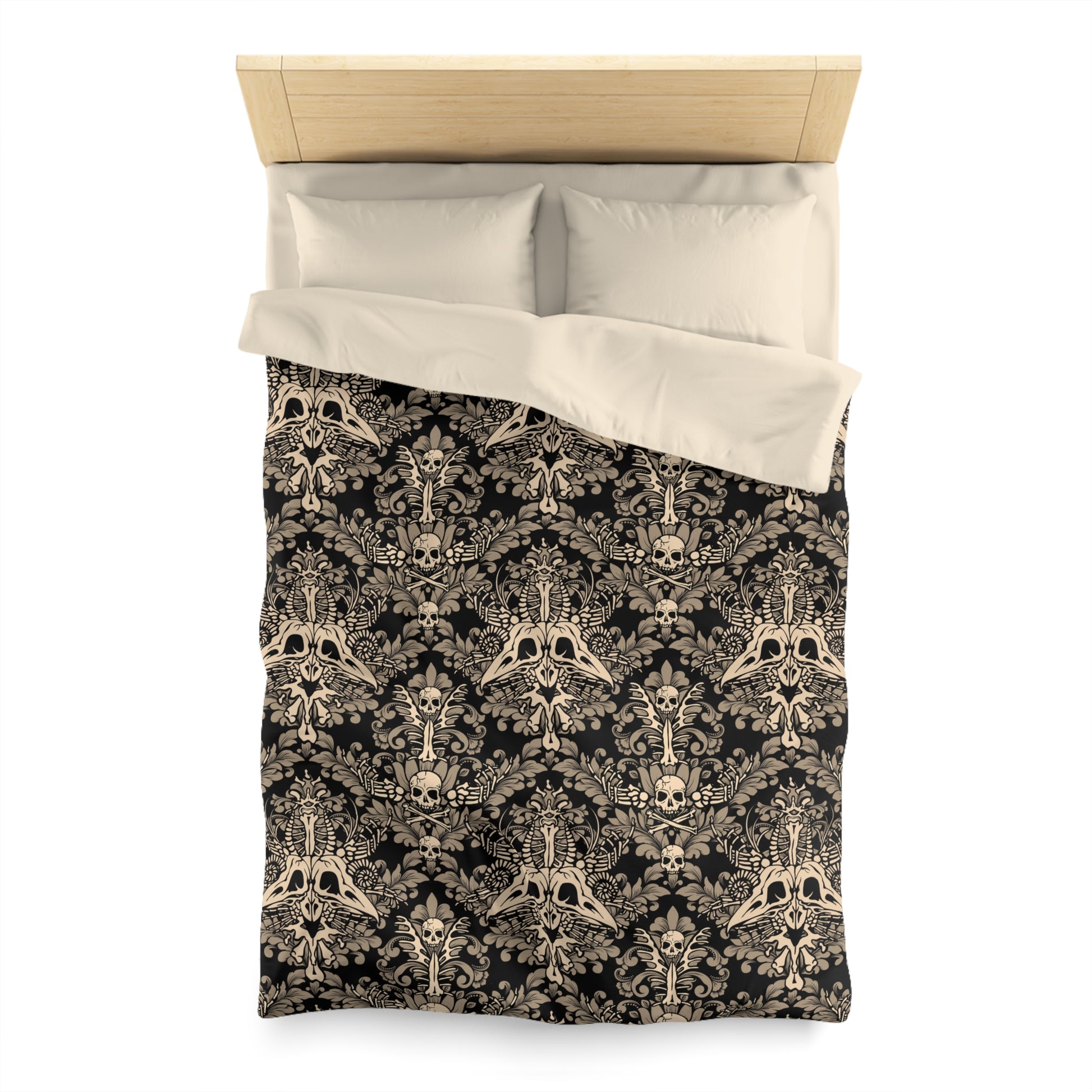 Gothic Victorian Damask Bones Duvet Cover - Beige + Black - Red Finch Creations