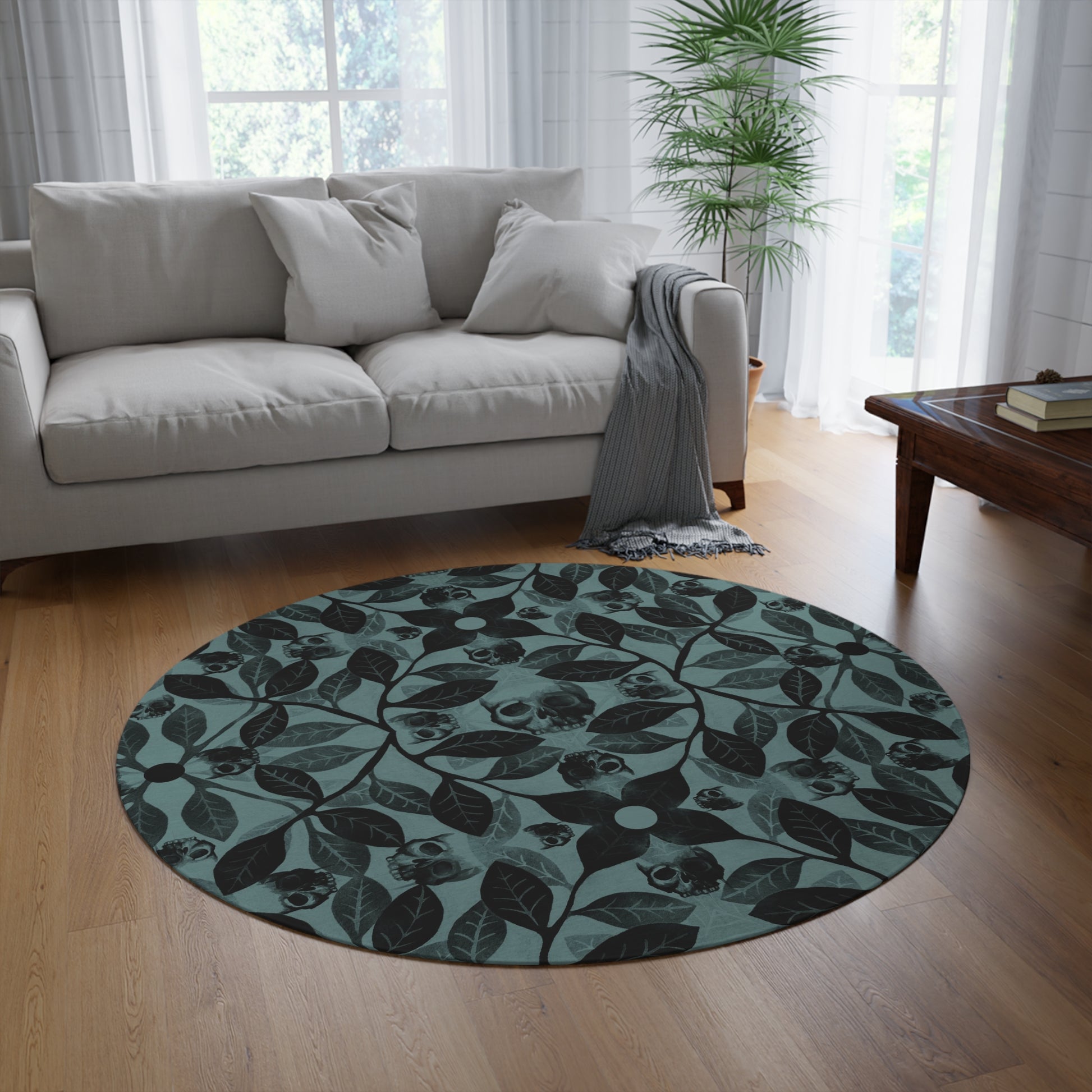 Watercolor Botanical Skull Round Rug - Blue - Red Finch Creations