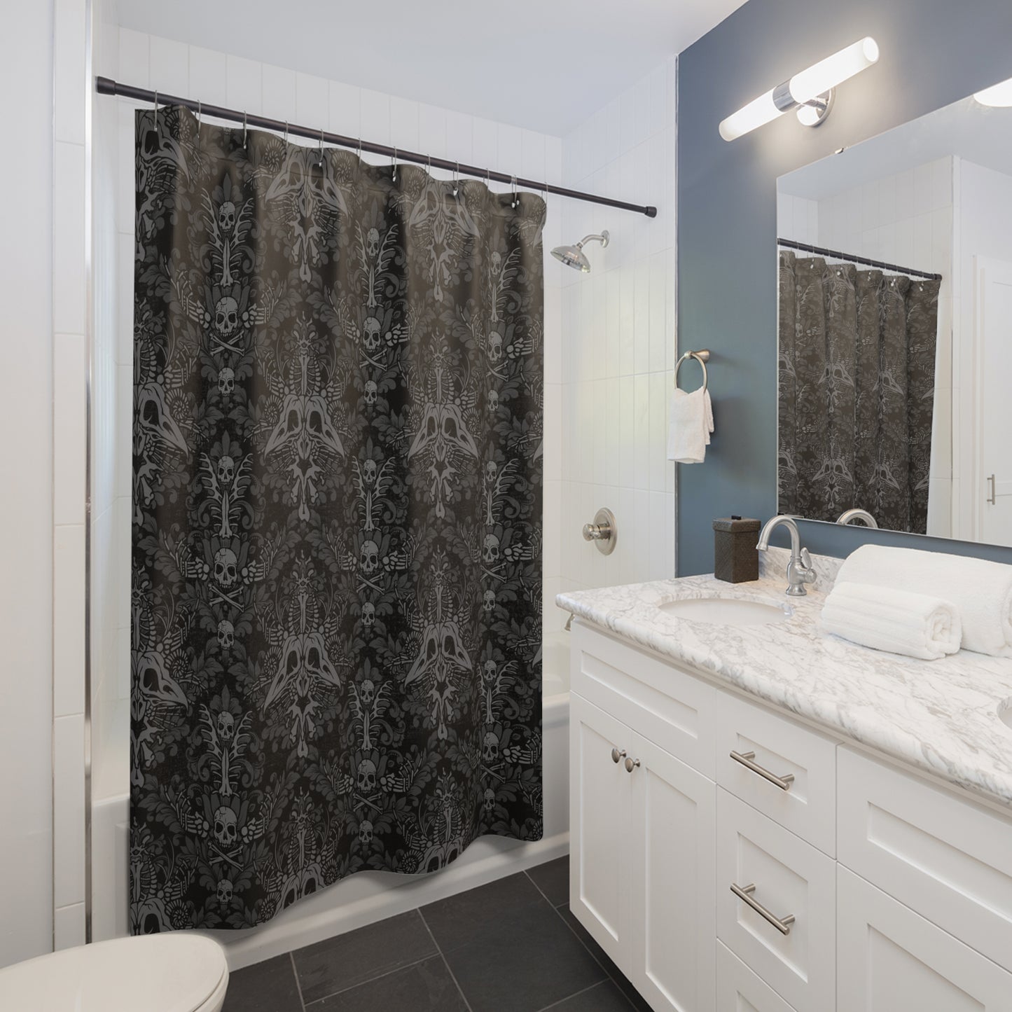 Dark Damask Bones Shower Curtain - Black - Red Finch Creations