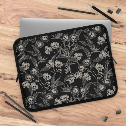 Gothic Floral Skull Flower Laptop Sleeve - Black + Cream - Red Finch Creations