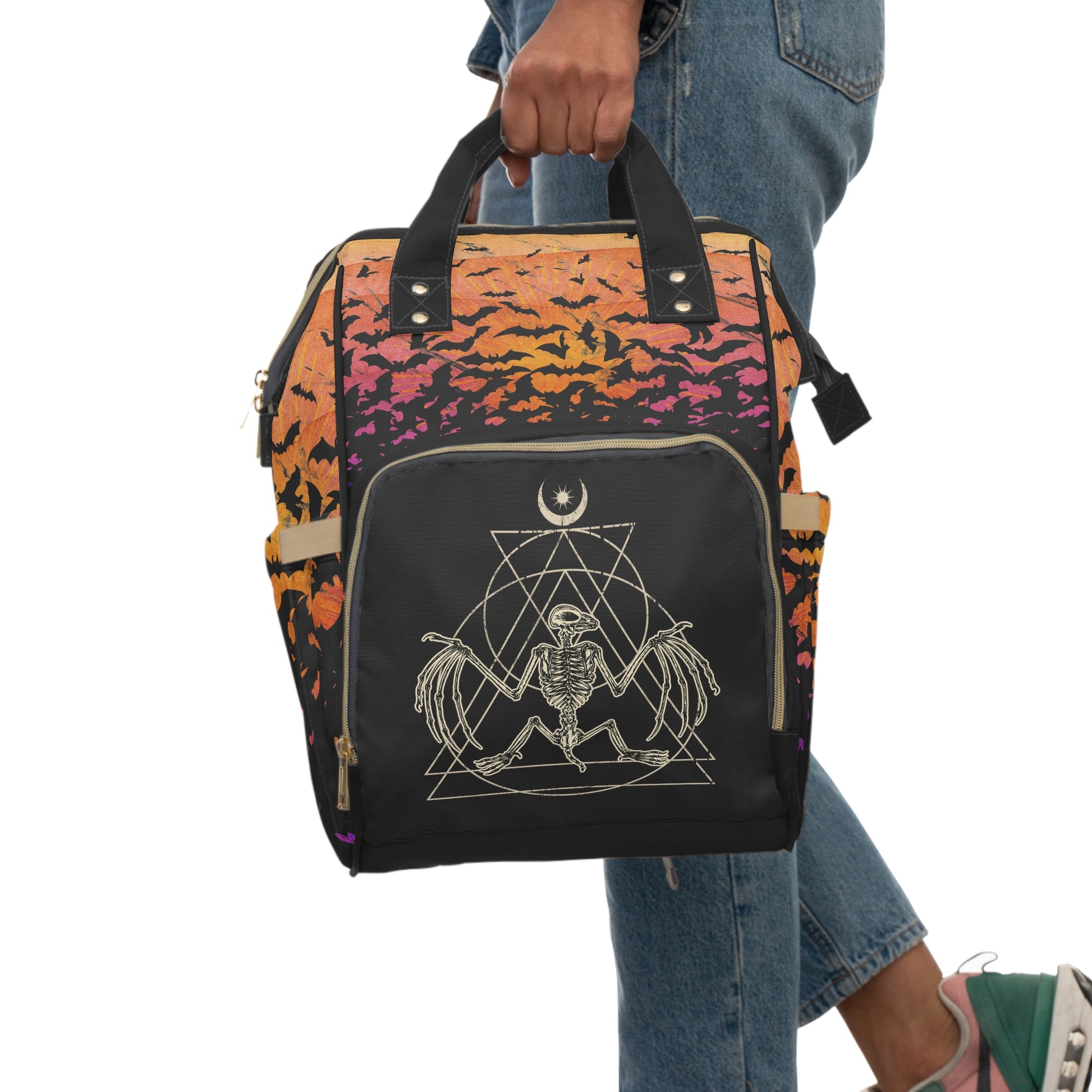 Occult Bat Skeleton Multifunctional Diaper Backpack - Orange + Black - Red Finch Creations