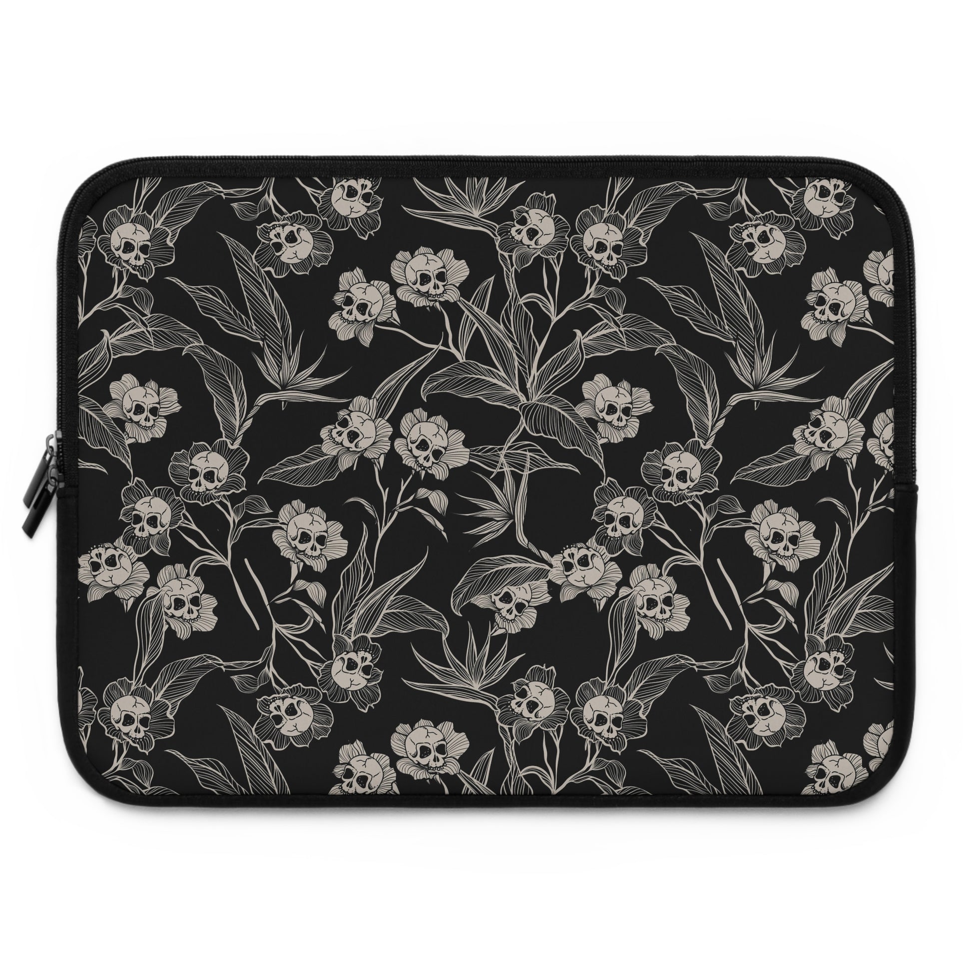 Gothic Floral Skull Flower Laptop Sleeve - Black + Cream - Red Finch Creations