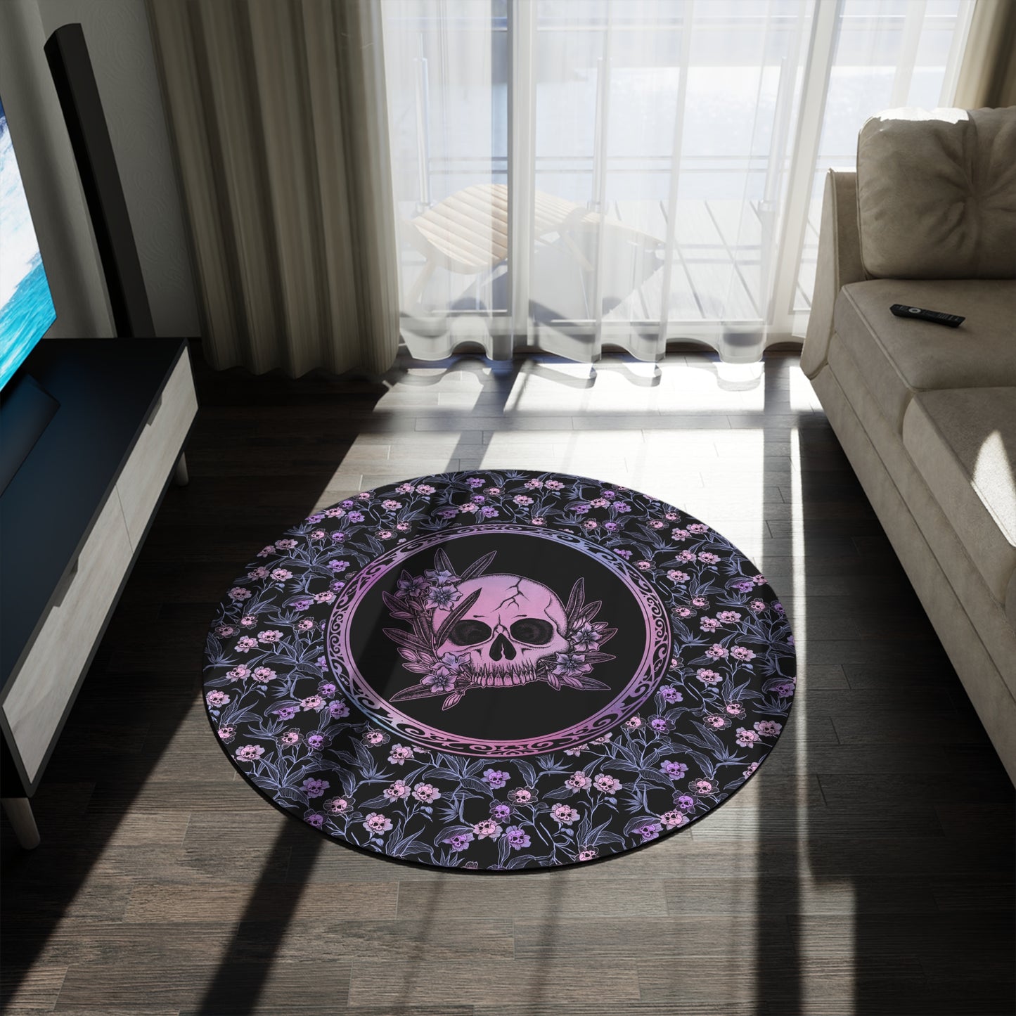 Pastel Goth Floral Round Rug - Pink & Black - Red Finch Creations