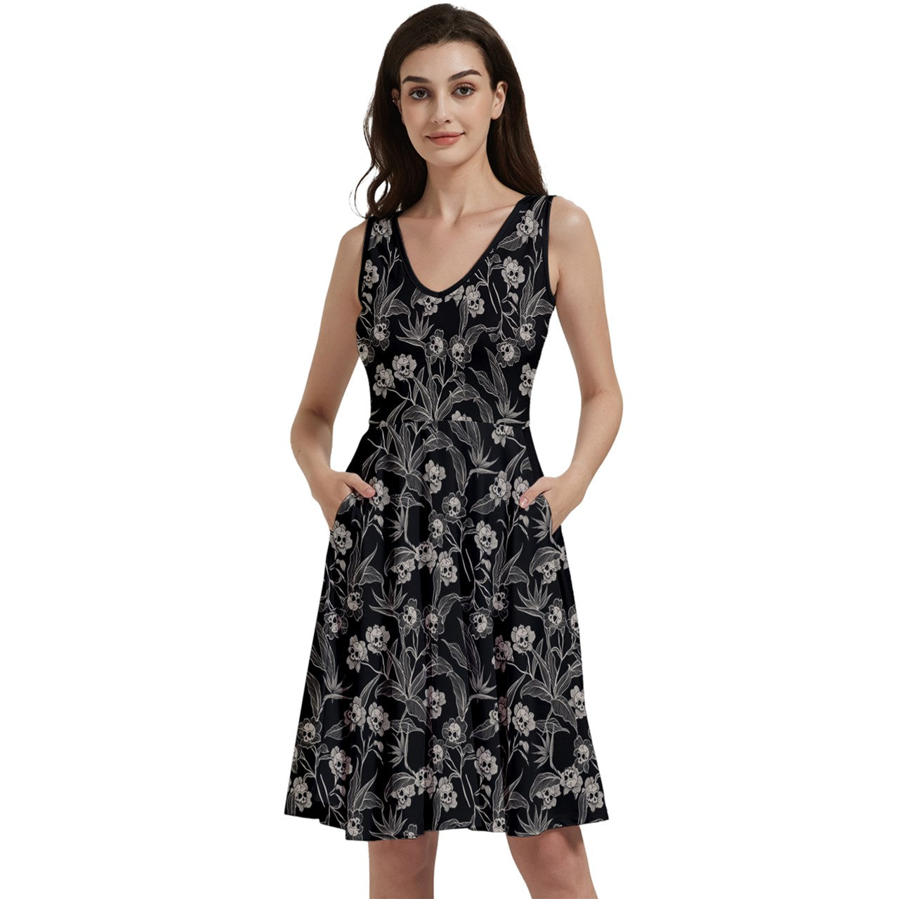 Gothic Floral Skater Dress With Pockets