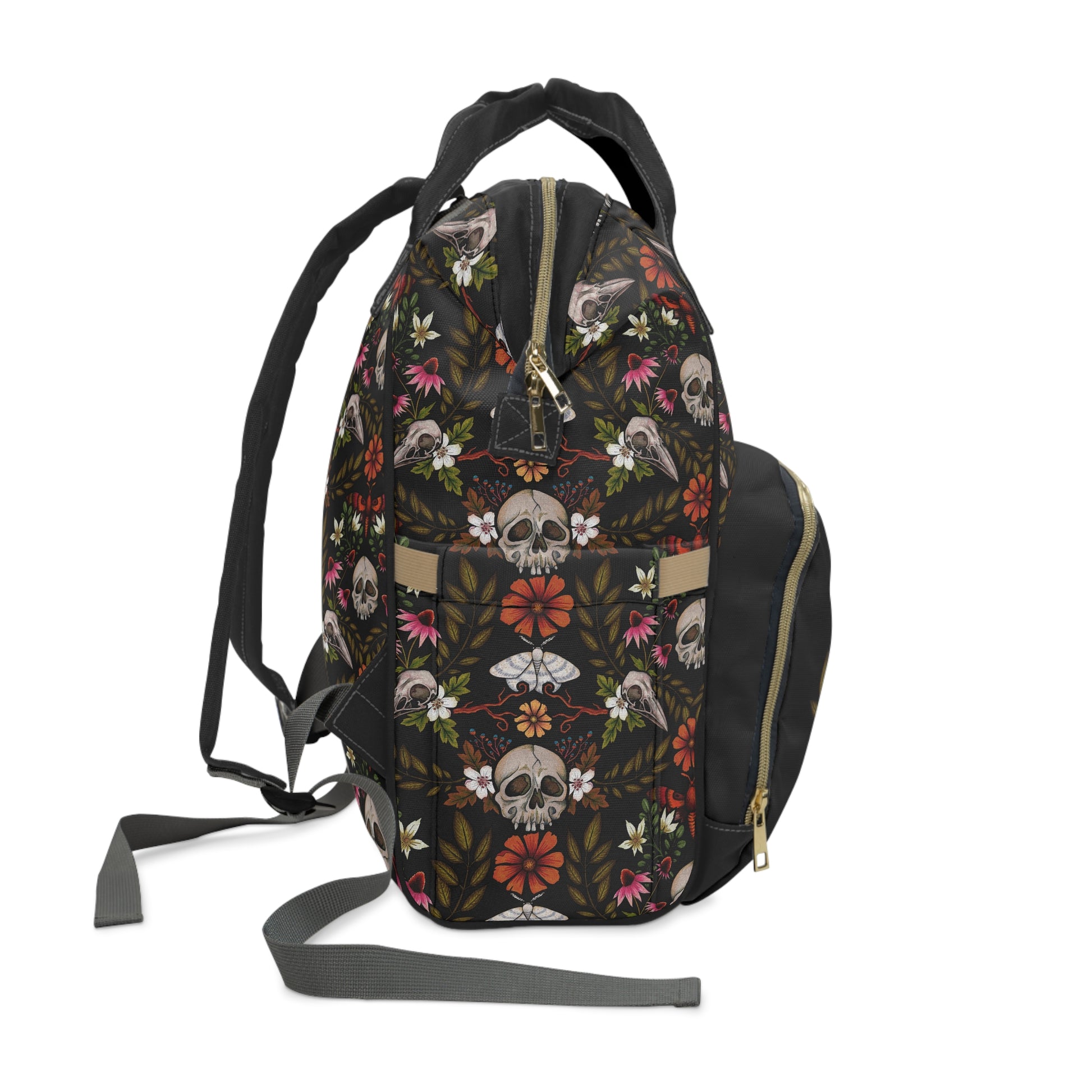 Dark Cottagecore Floral Skull Multifunctional Diaper Backpack - Red Finch Creations