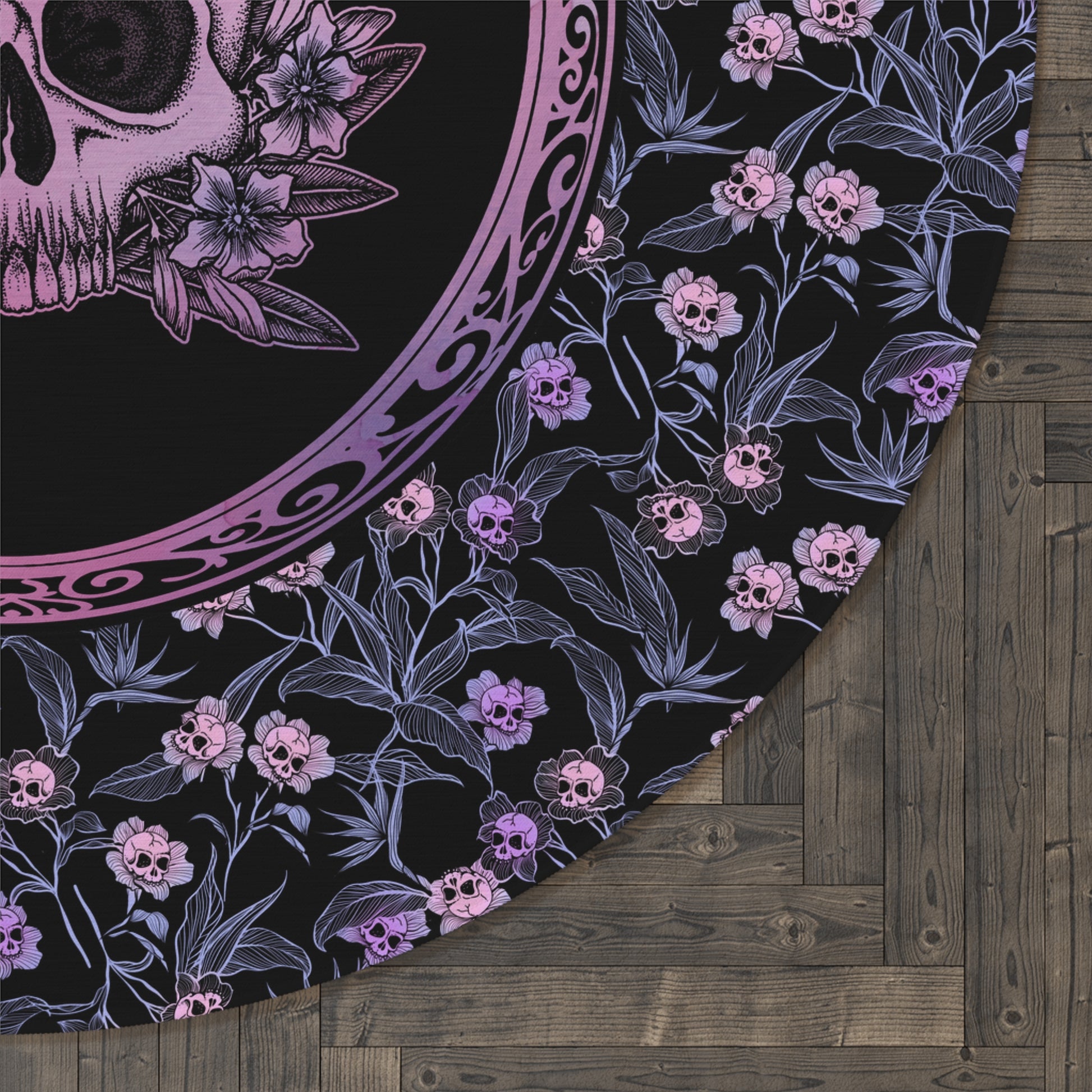 Pastel Goth Floral Round Rug - Pink & Black - Red Finch Creations