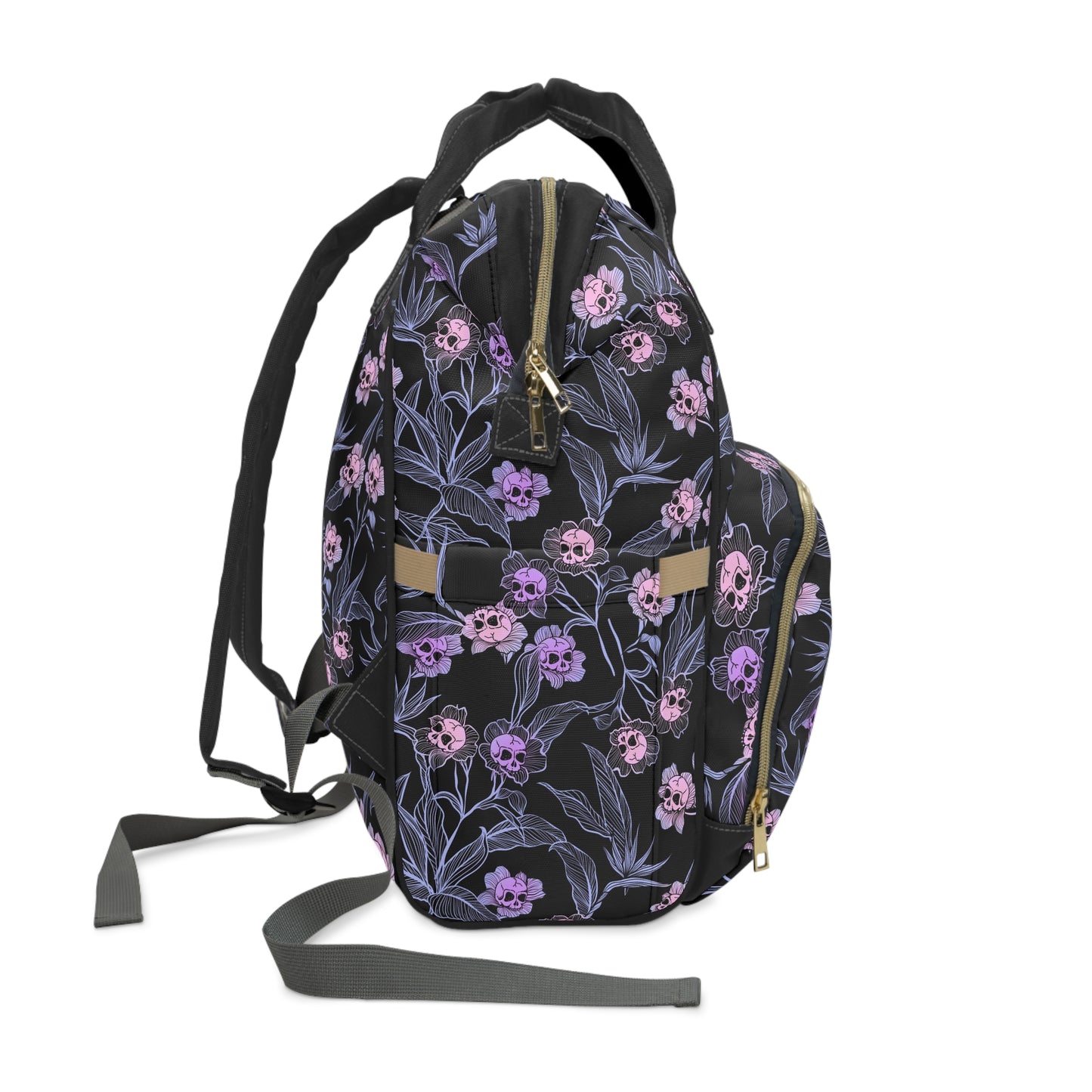 Pastel Goth Floral Skull Multifunctional Diaper Backpack - Pink + Black - Red Finch Creations