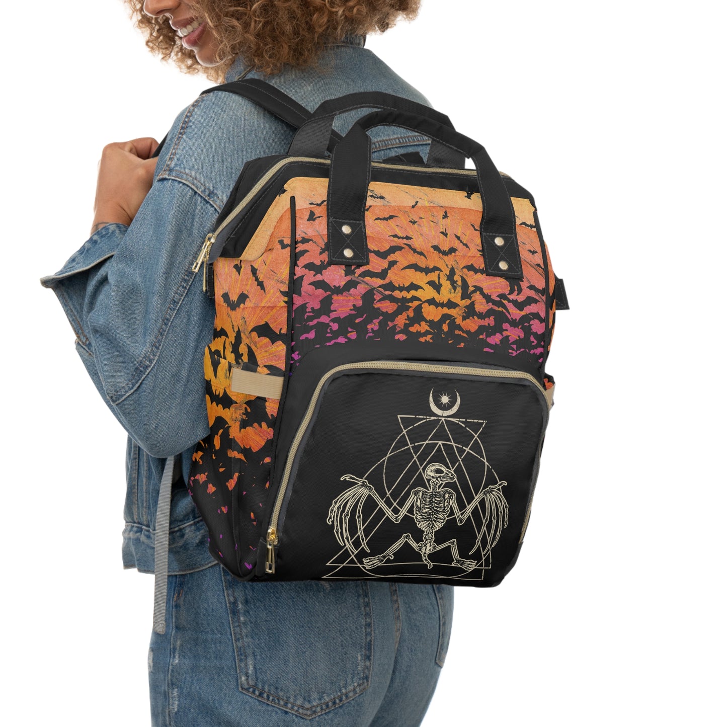 Occult Bat Skeleton Multifunctional Diaper Backpack - Orange + Black - Red Finch Creations