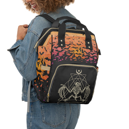 Occult Bat Skeleton Multifunctional Diaper Backpack - Orange + Black - Red Finch Creations