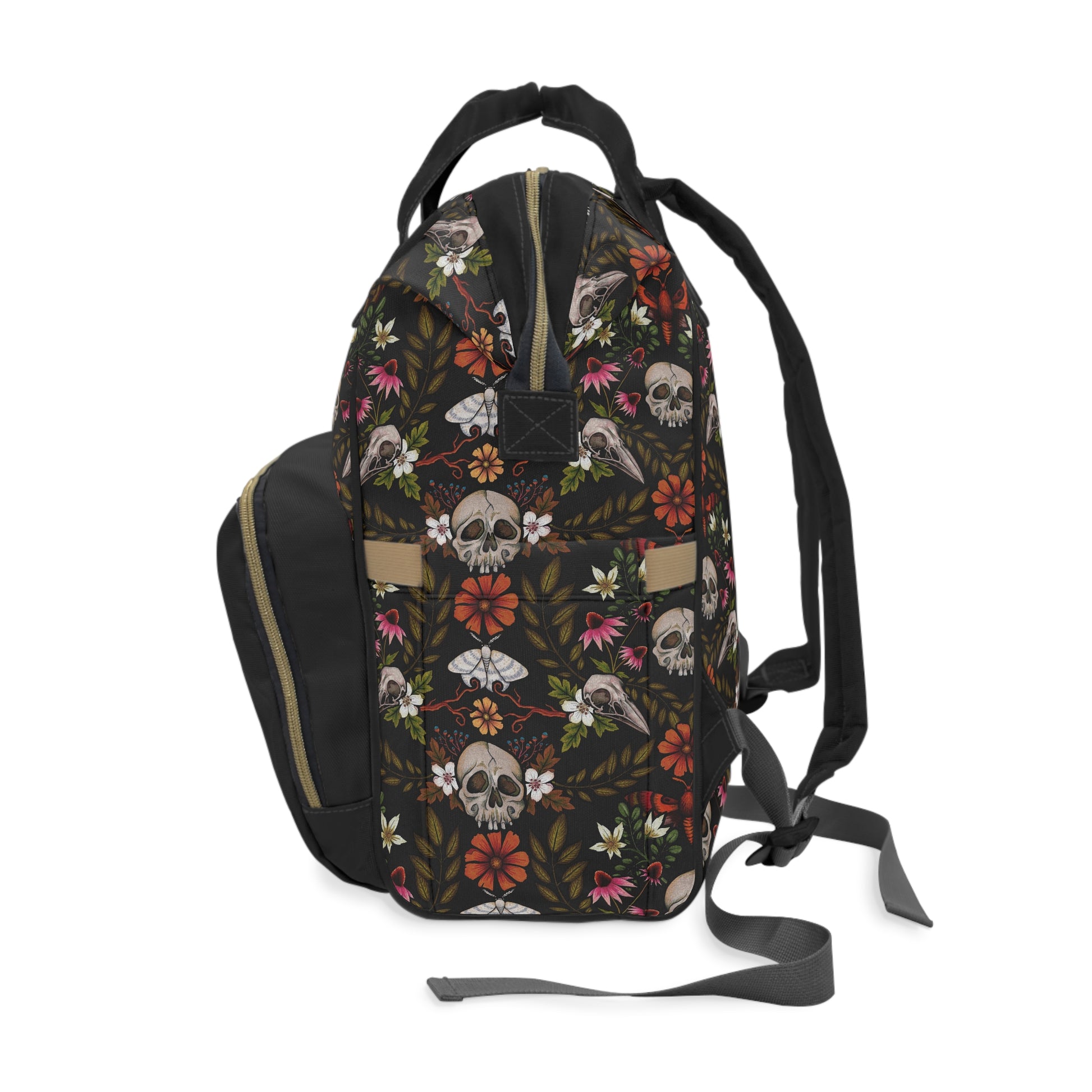 Dark Cottagecore Floral Skull Multifunctional Diaper Backpack - Red Finch Creations