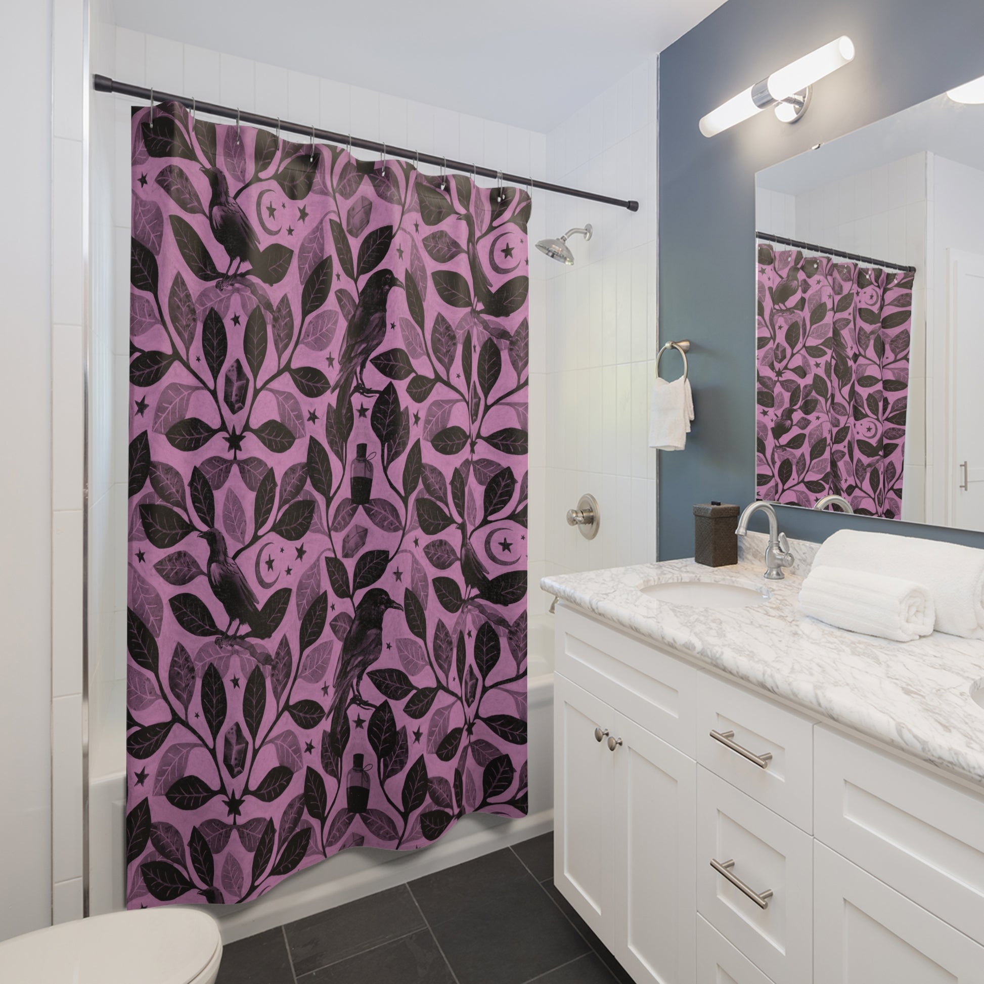 Witchy Watercolor Raven Shower Curtain - Pink - Red Finch Creations