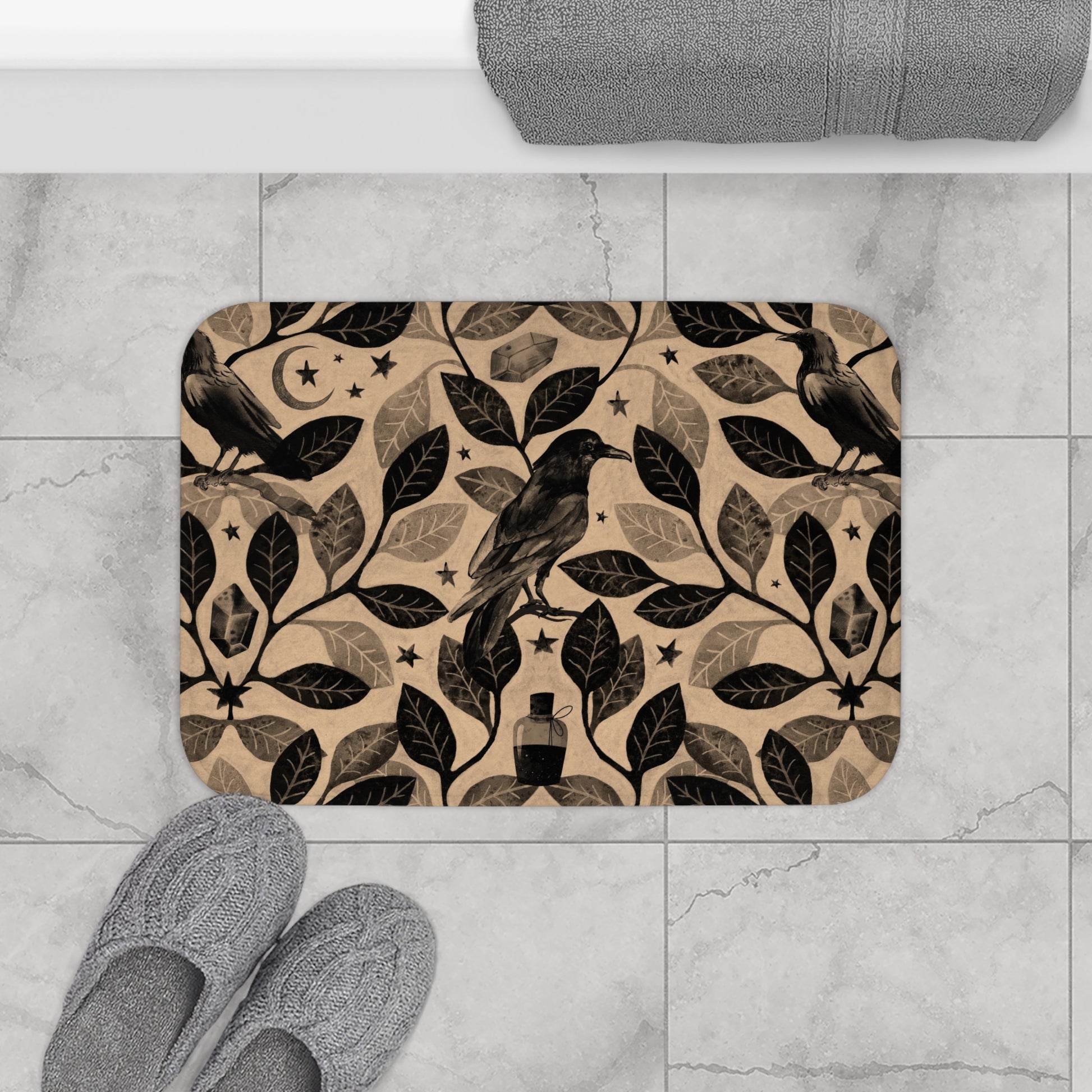 Witchy Watercolor Raven Bath Mat - Beige - Red Finch Creations