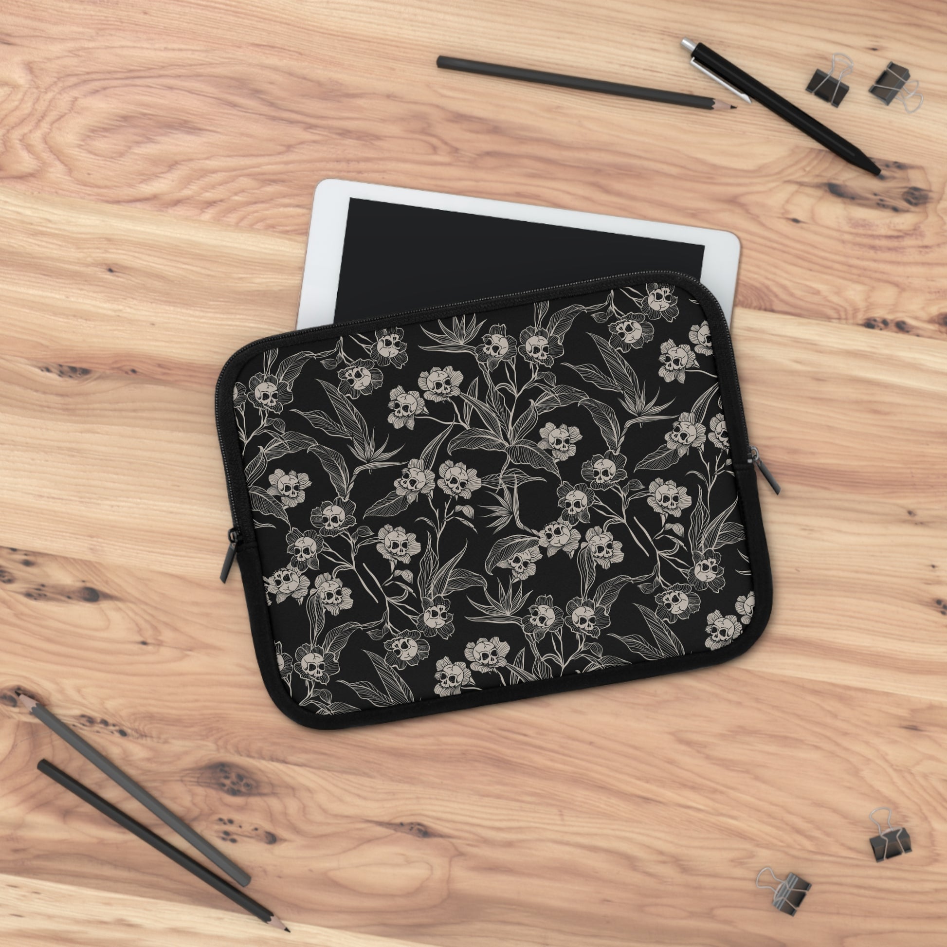 Gothic Floral Skull Flower Laptop Sleeve - Black + Cream - Red Finch Creations