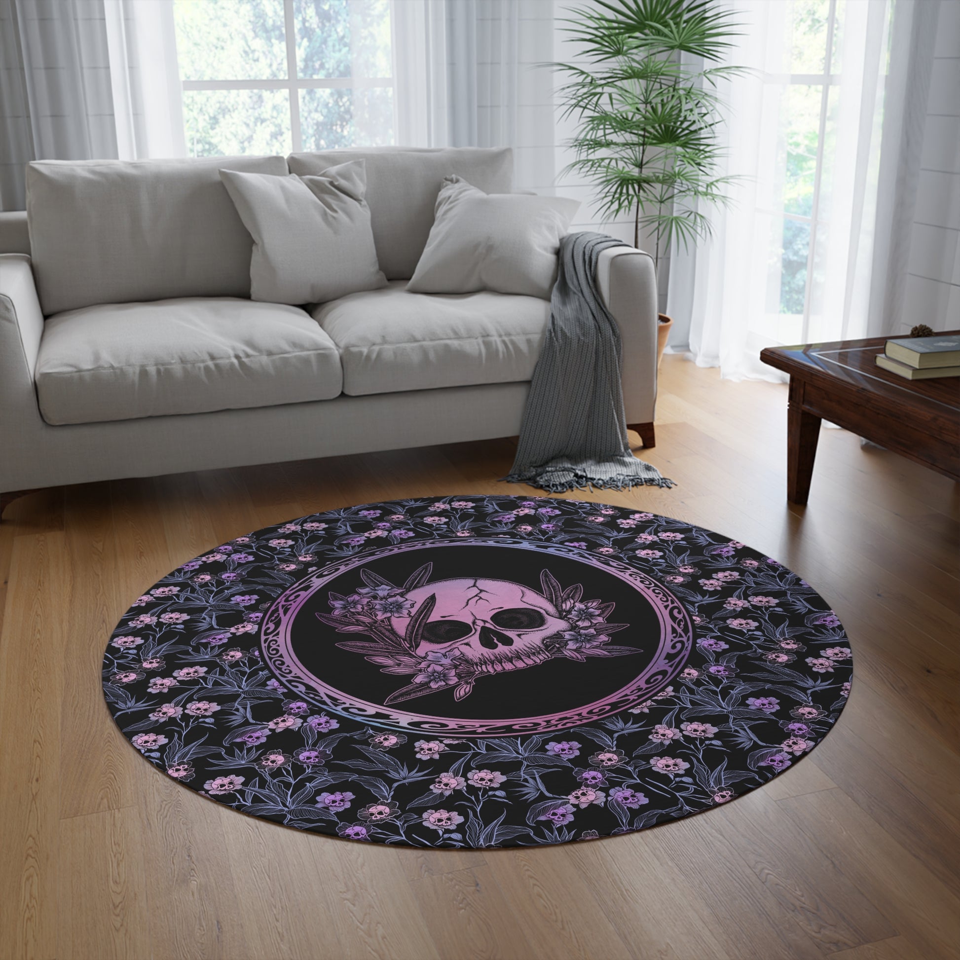 Pastel Goth Floral Round Rug - Pink & Black - Red Finch Creations