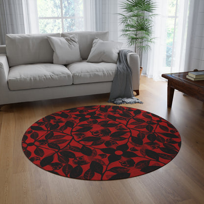 Watercolor Botanical Skull Round Rug - Red - Red Finch Creations