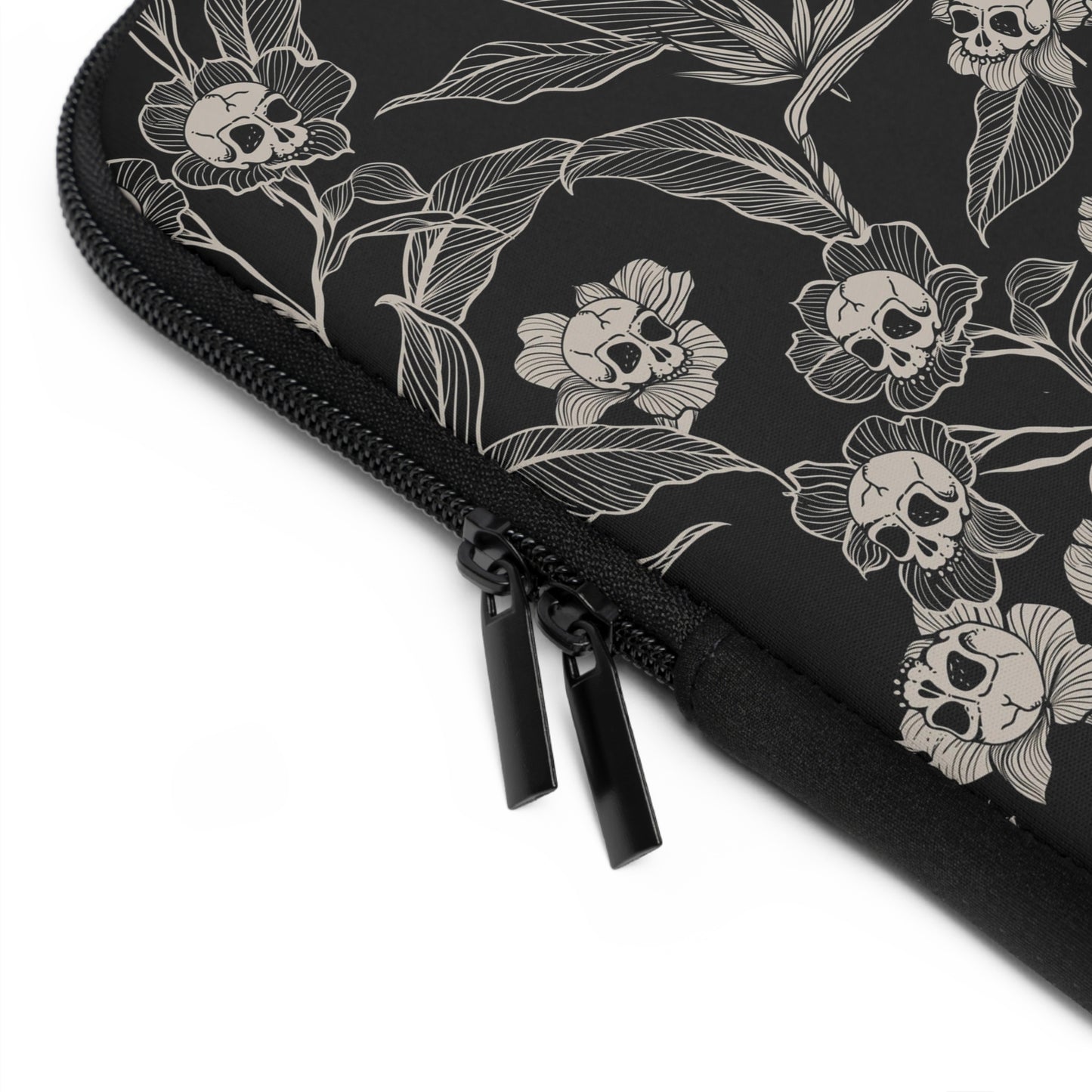 Gothic Floral Skull Flower Laptop Sleeve - Black + Cream - Red Finch Creations