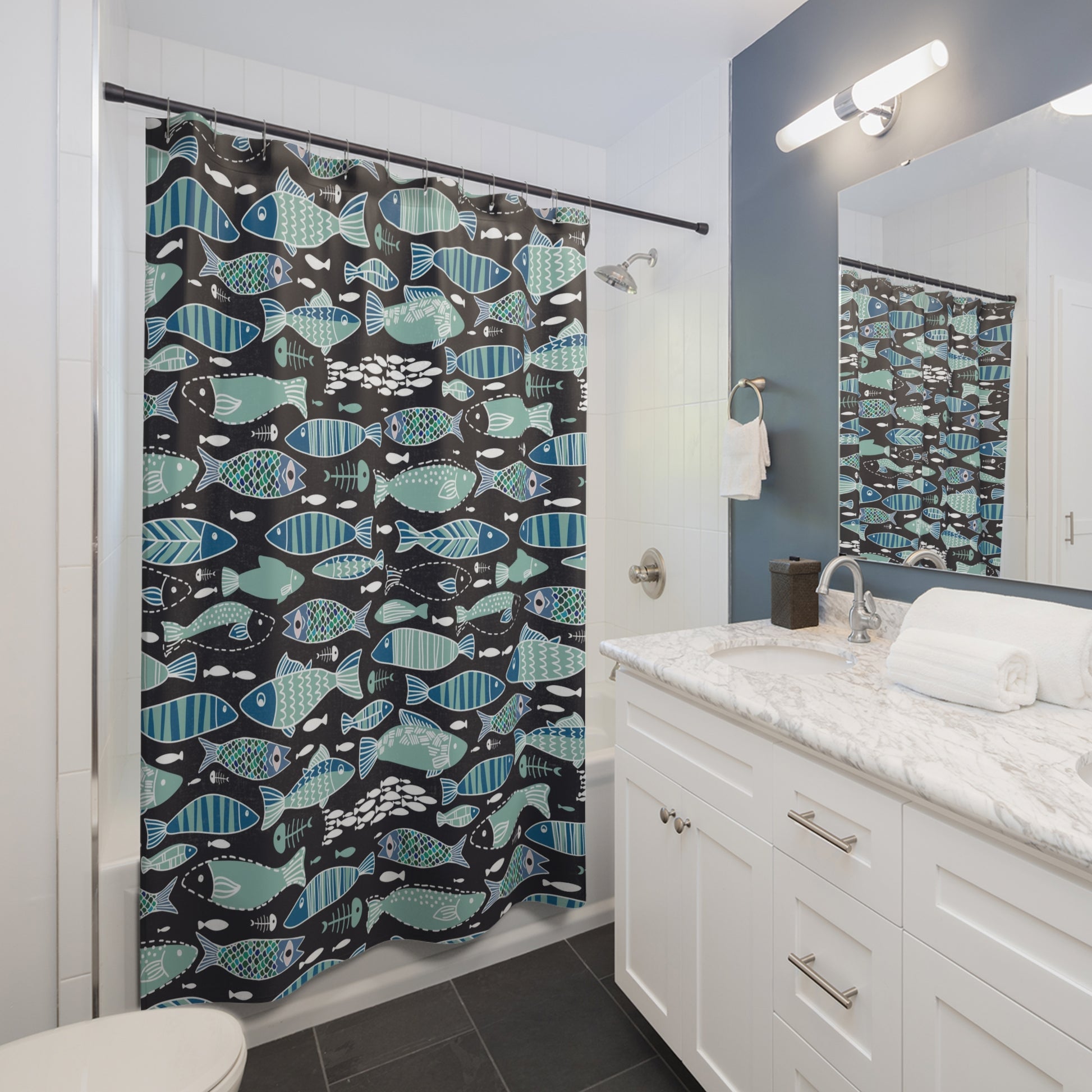 Teal Abstract Sardine Skeleton Shower Curtain - Blue - Red Finch Creations
