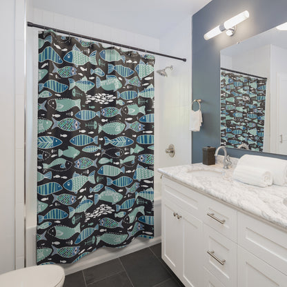 Teal Abstract Sardine Skeleton Shower Curtain - Blue - Red Finch Creations