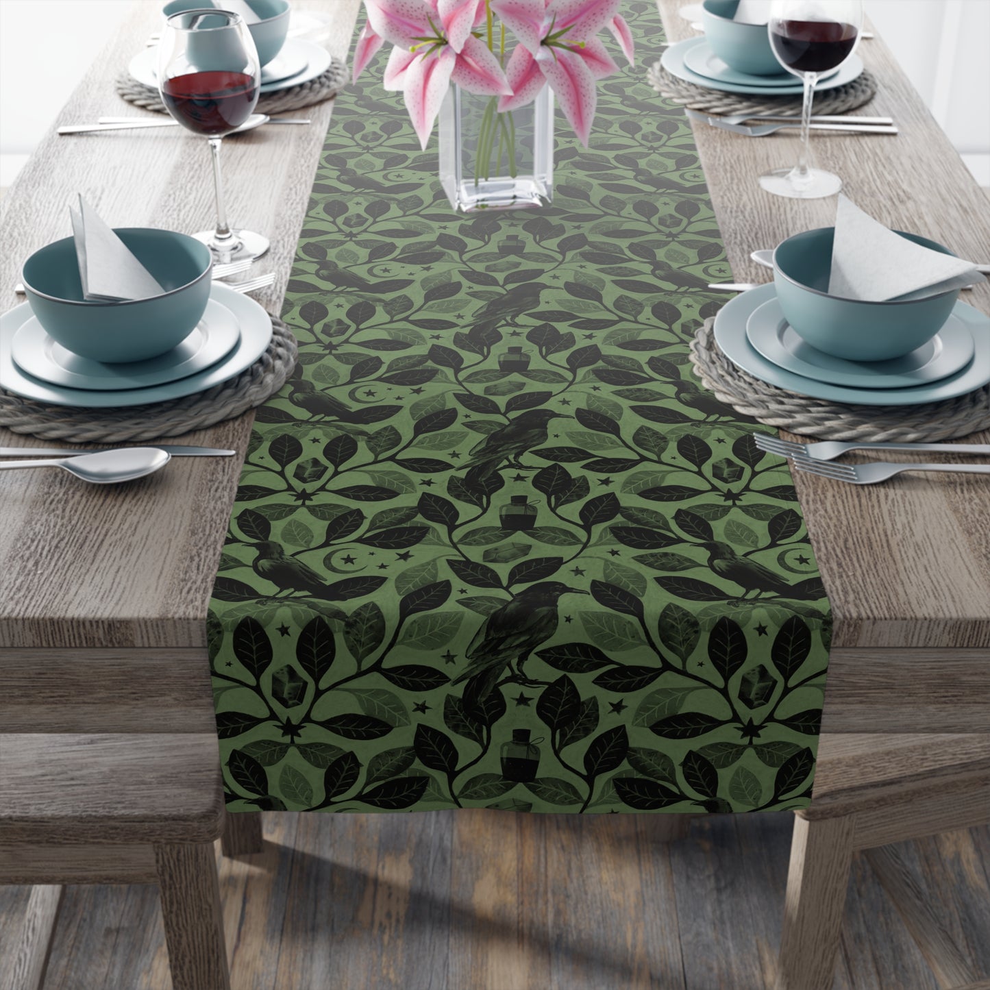 Witchy Watercolor Raven Table Runner - Green - Red Finch Creations